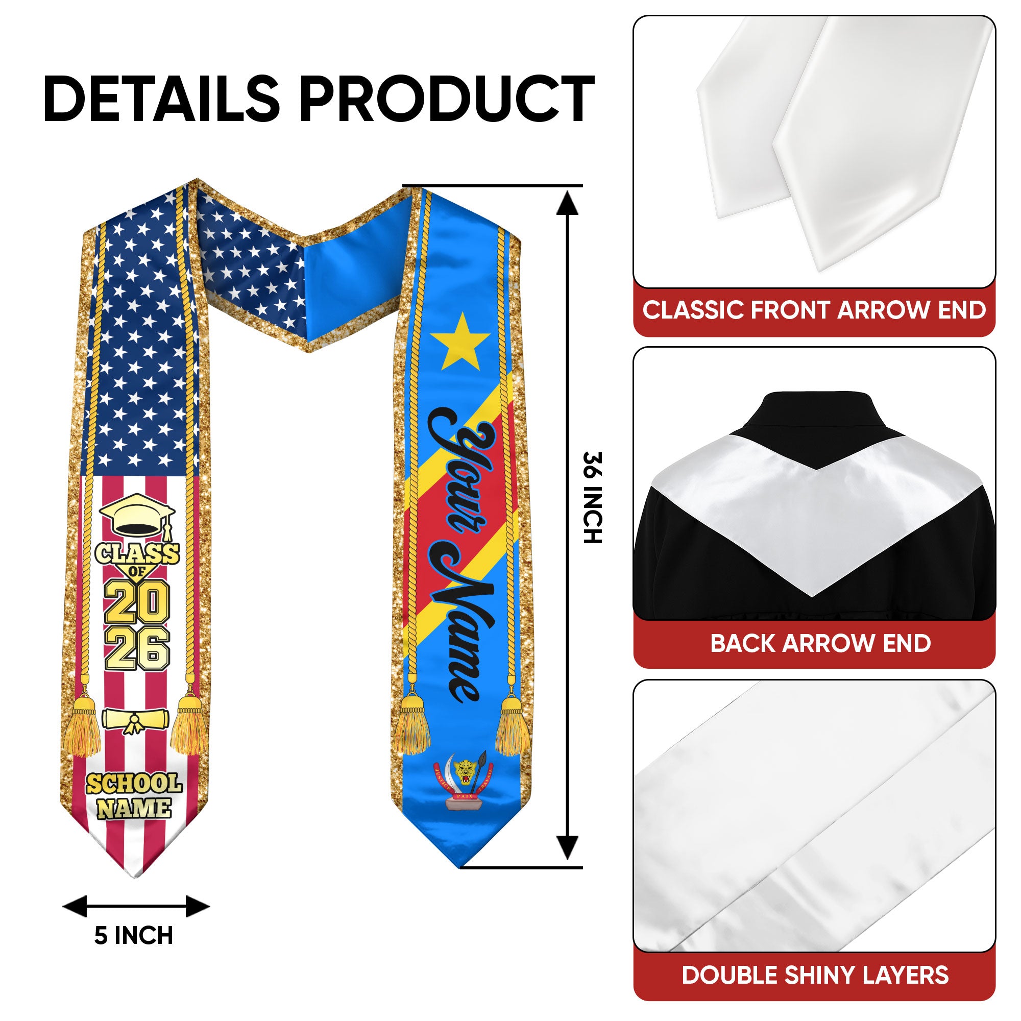 Customized DR Congo Graduation Stole with National Flag Emblem, Graduation Sash for Class of 2026
