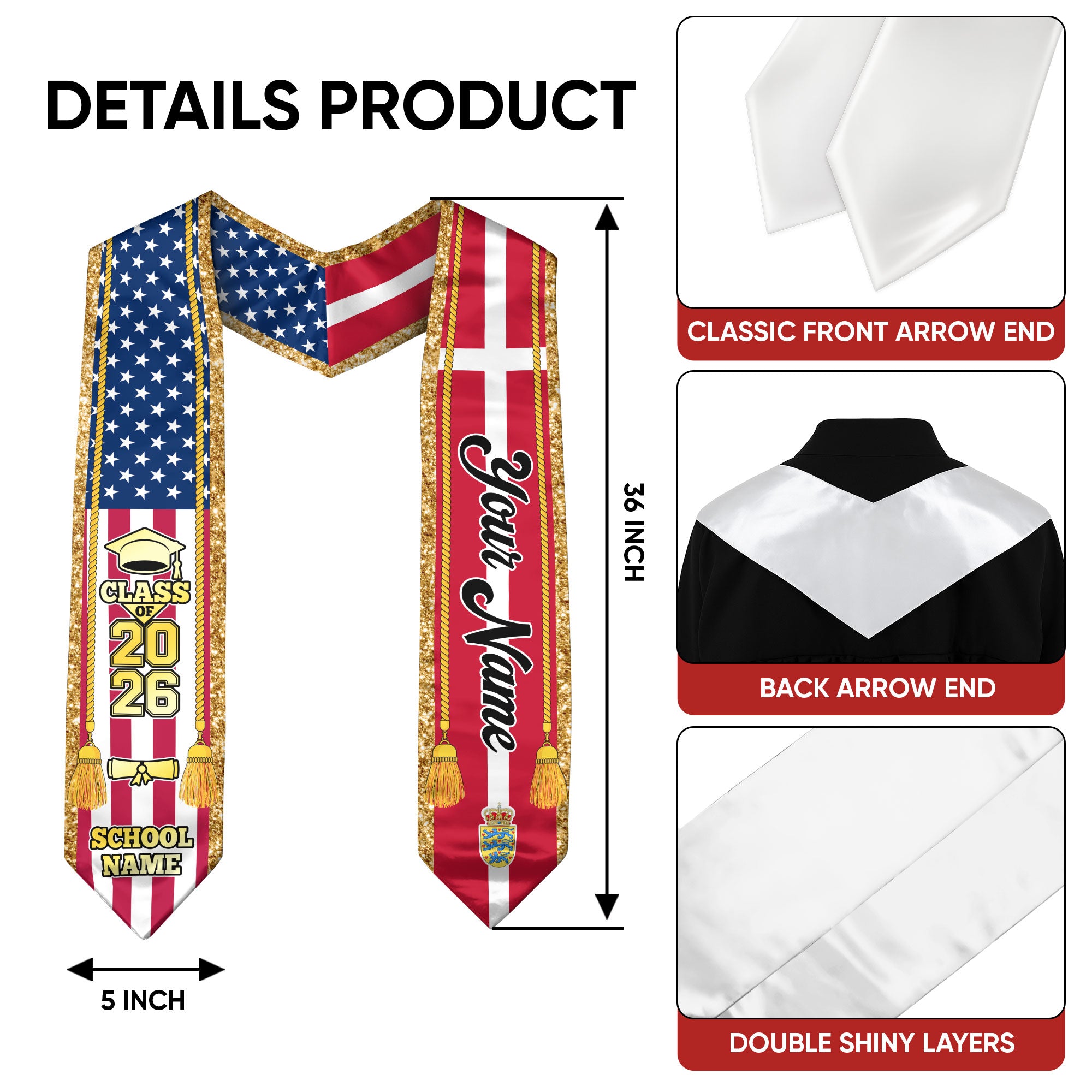 Customized Denmark Graduation Stole with Danish Flag Emblem, Graduation Sash for Class of 2026