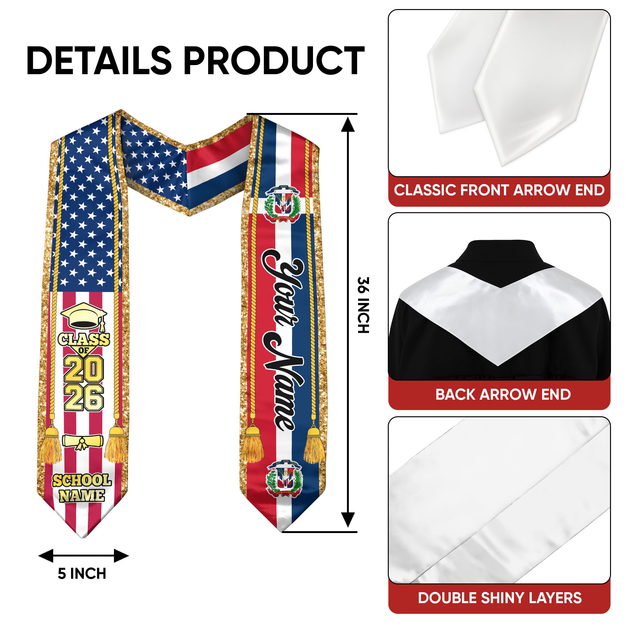 Customized Dominican Republic Graduation Stole with Flag Emblem, Graduation Sash for Class of 2026