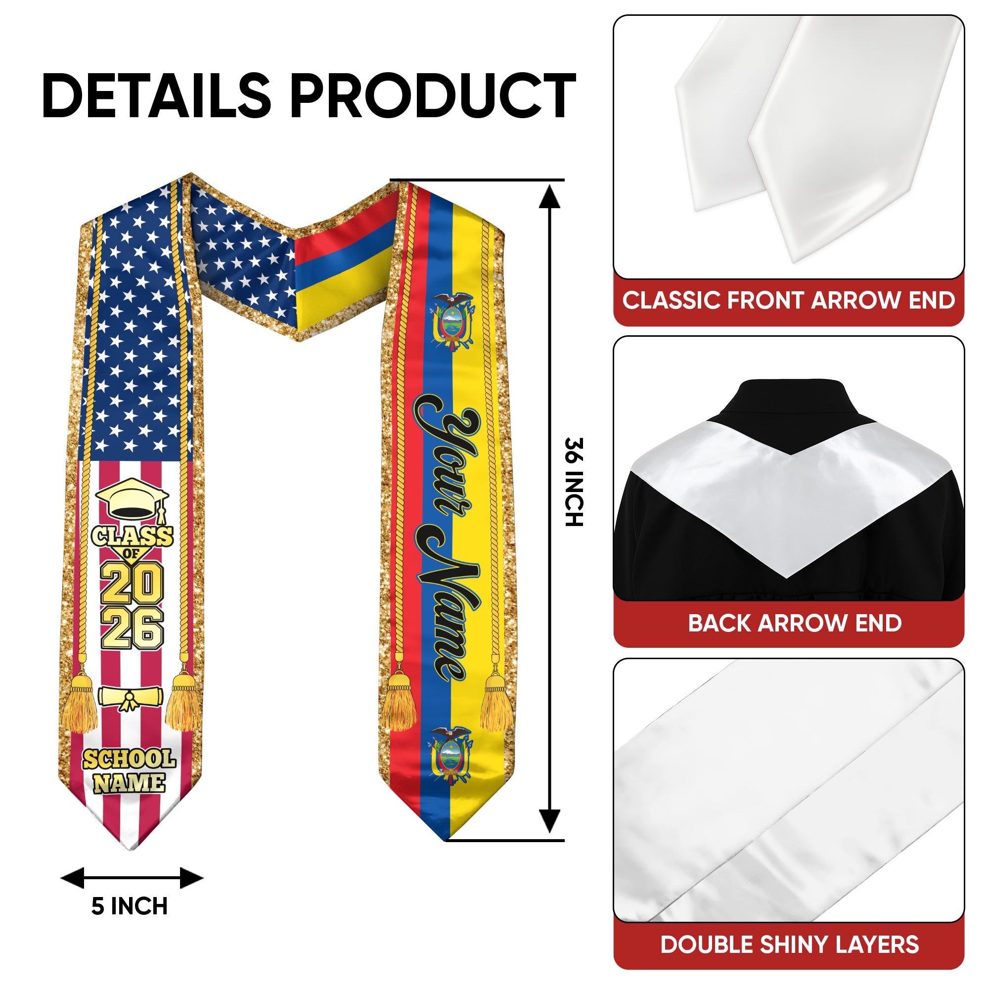 Customized Ecuador Graduation Stole with Ecuadorian Flag Emblem, Graduation Sash for Class of 2026
