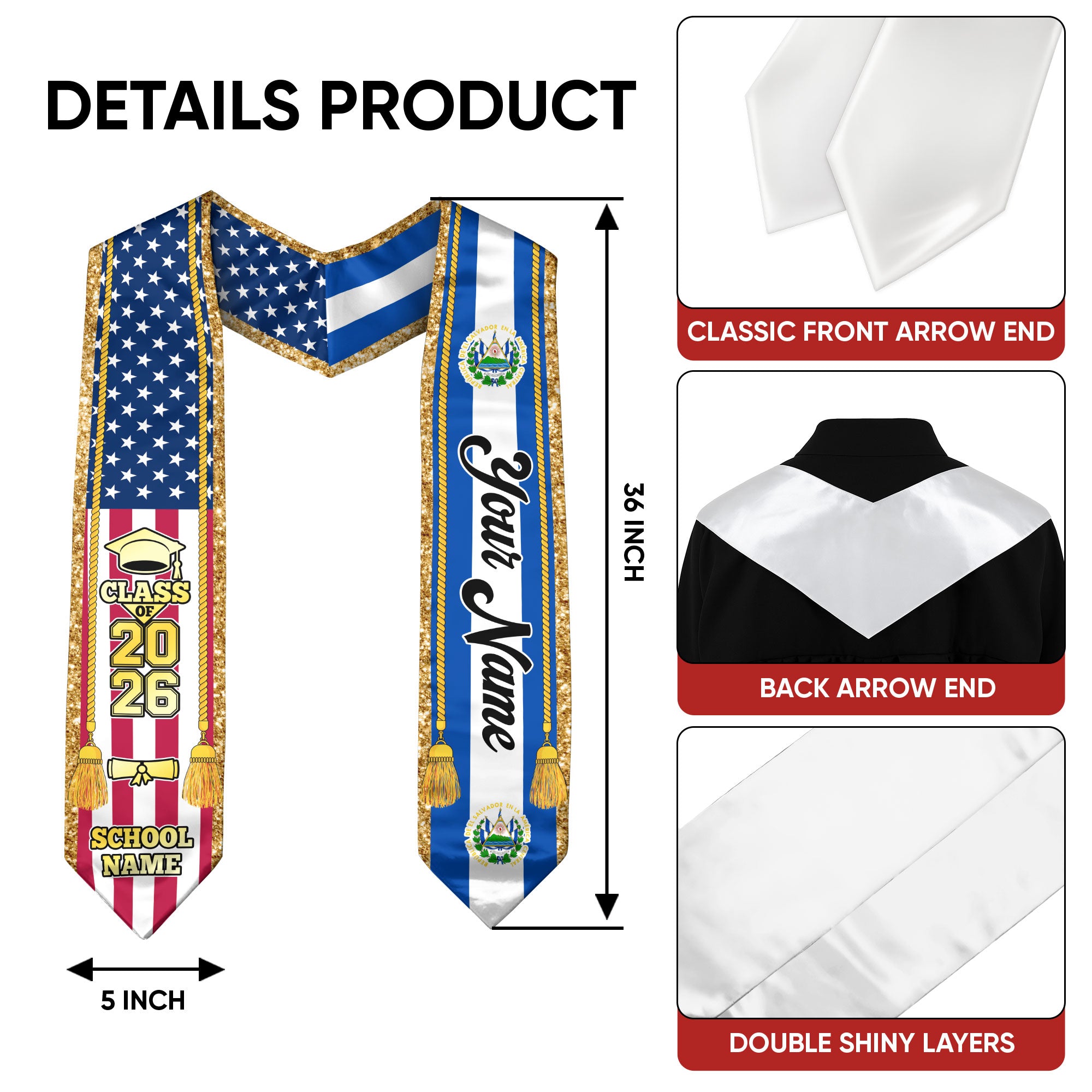 Customized El Salvador Graduation Stole with Salvadoran Flag Emblem, Graduation Sash for Class of 2026