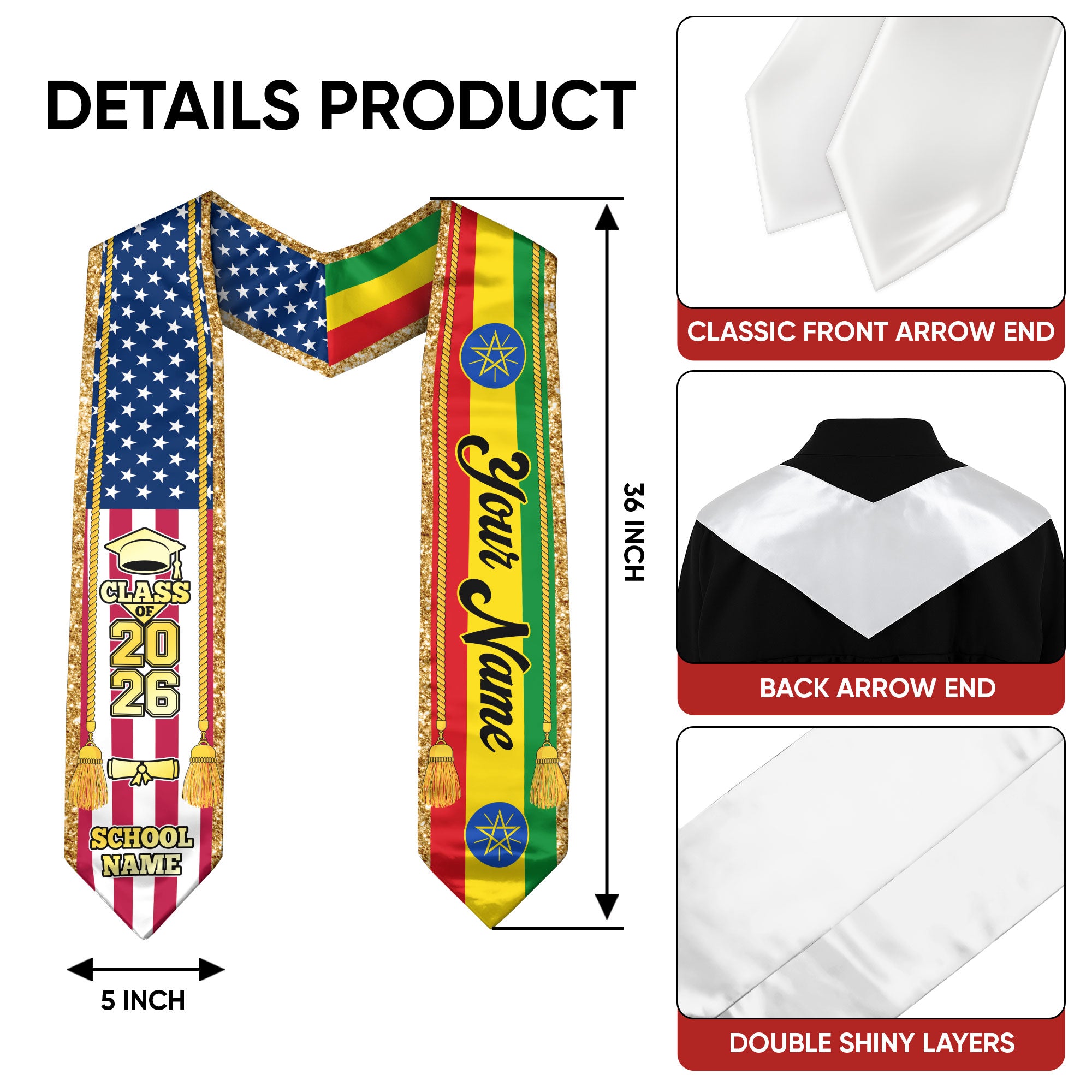 Customized Ethiopia Graduation Stole with Ethiopian Flag Emblem, Graduation Sash for Class of 2026