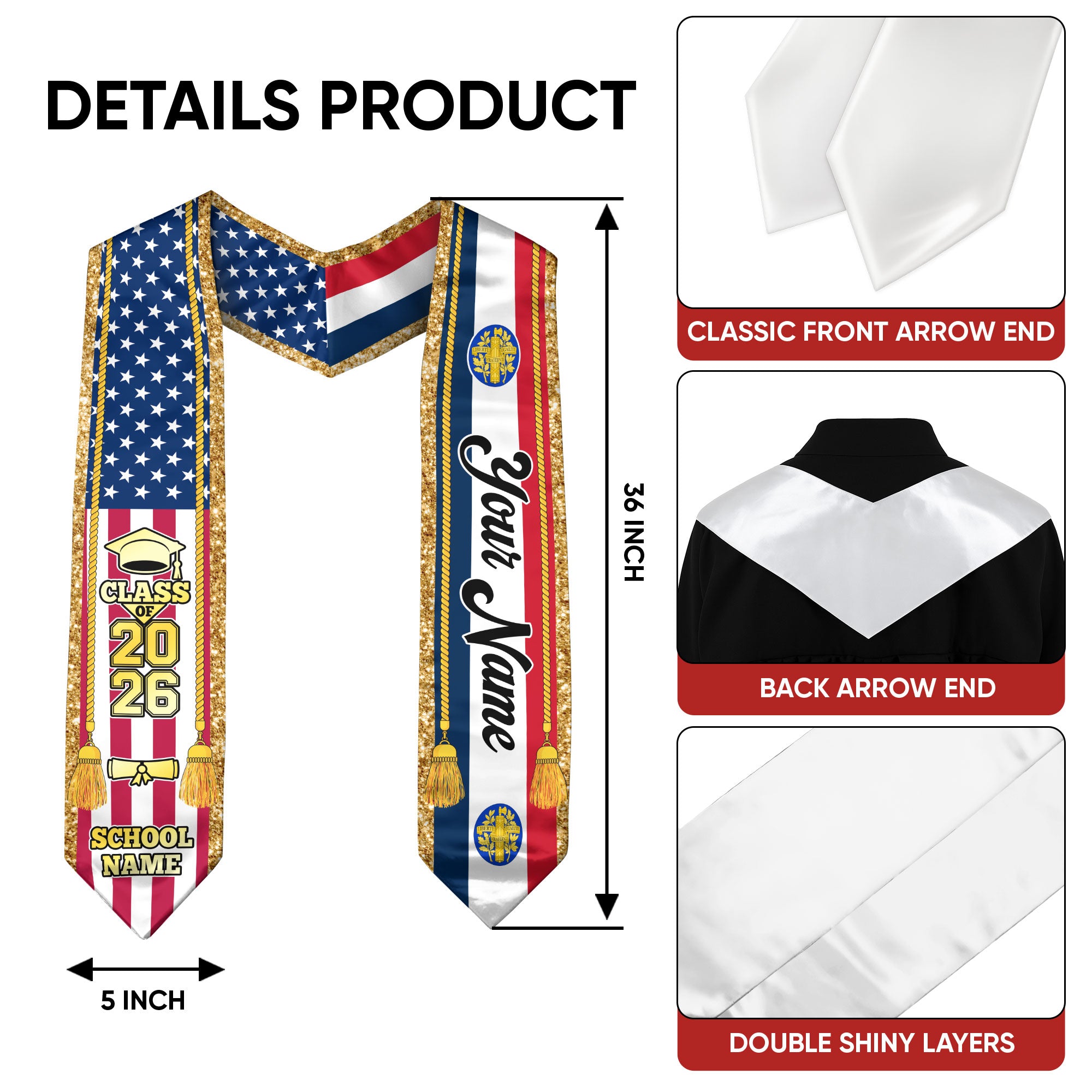 Customized France Graduation Stole with French Flag Emblem, Graduation Sash for Class of 2026