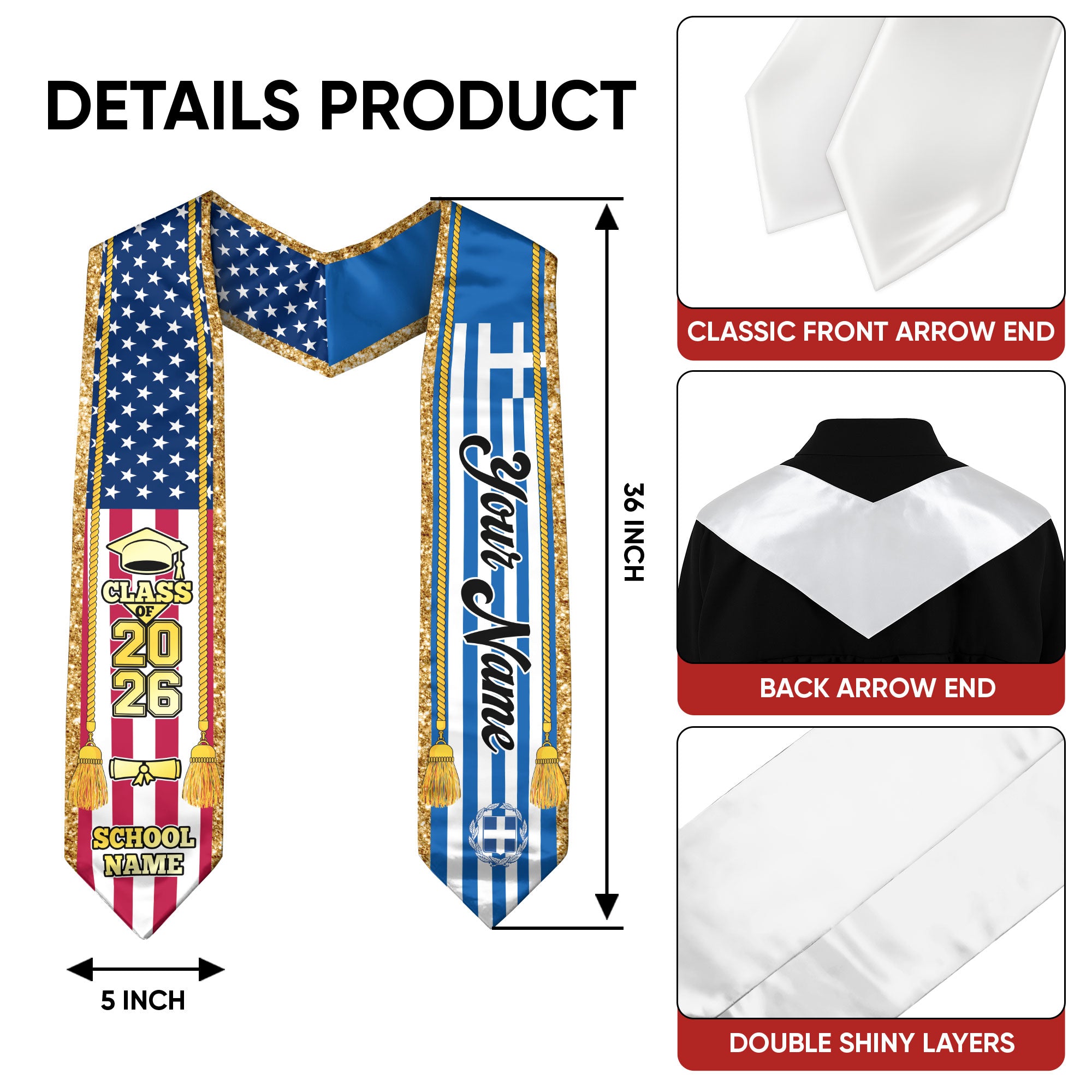 Customized Greece Graduation Stole with Greek Flag Emblem, Graduation Sash for Class of 2026