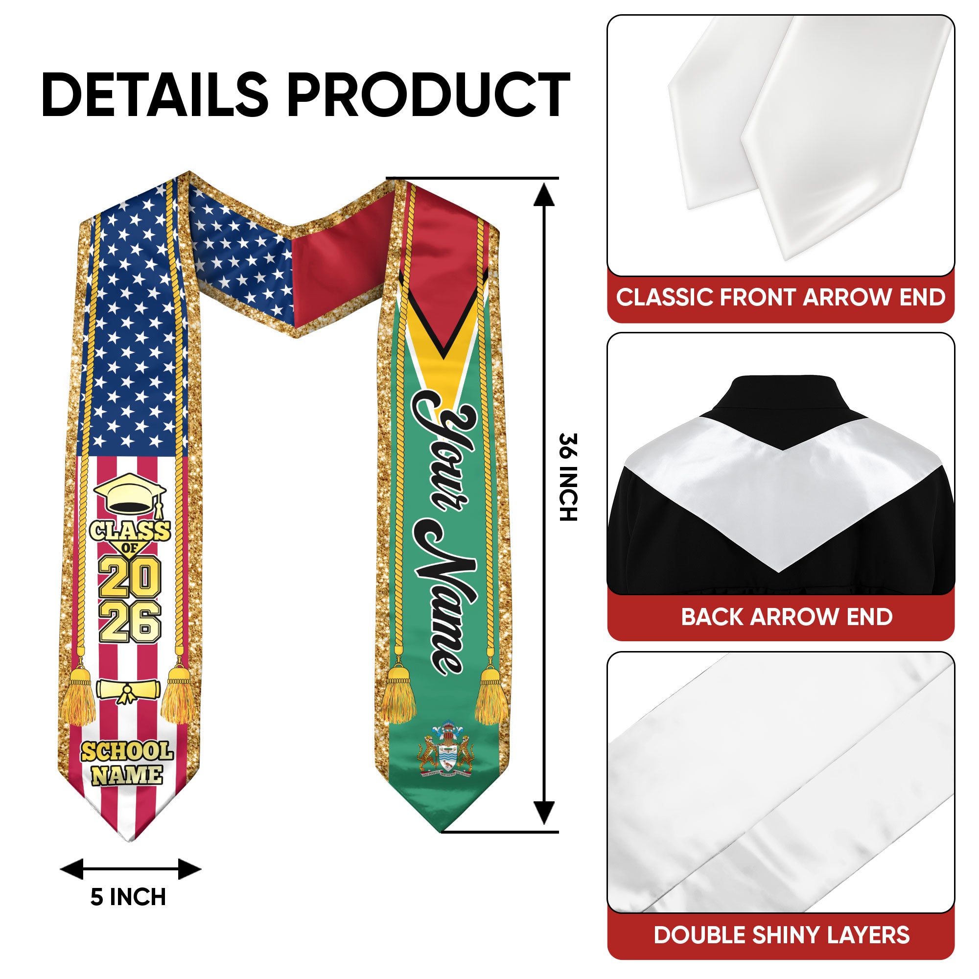 Customized Guyana Graduation Stole with Guyanese Flag Emblem, Graduation Sash for Class of 2026
