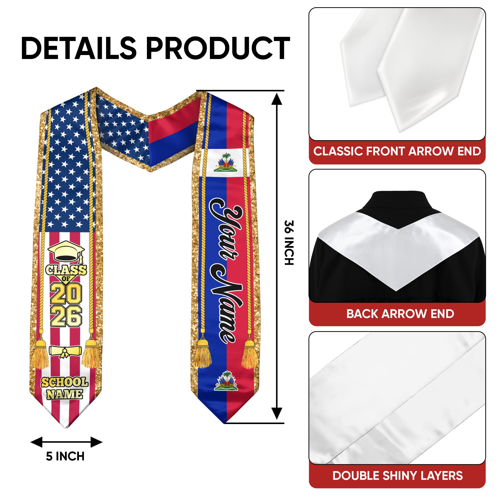 Customized Haiti Graduation Stole with Haitian Flag Emblem, Graduation Sash for Class of 2026