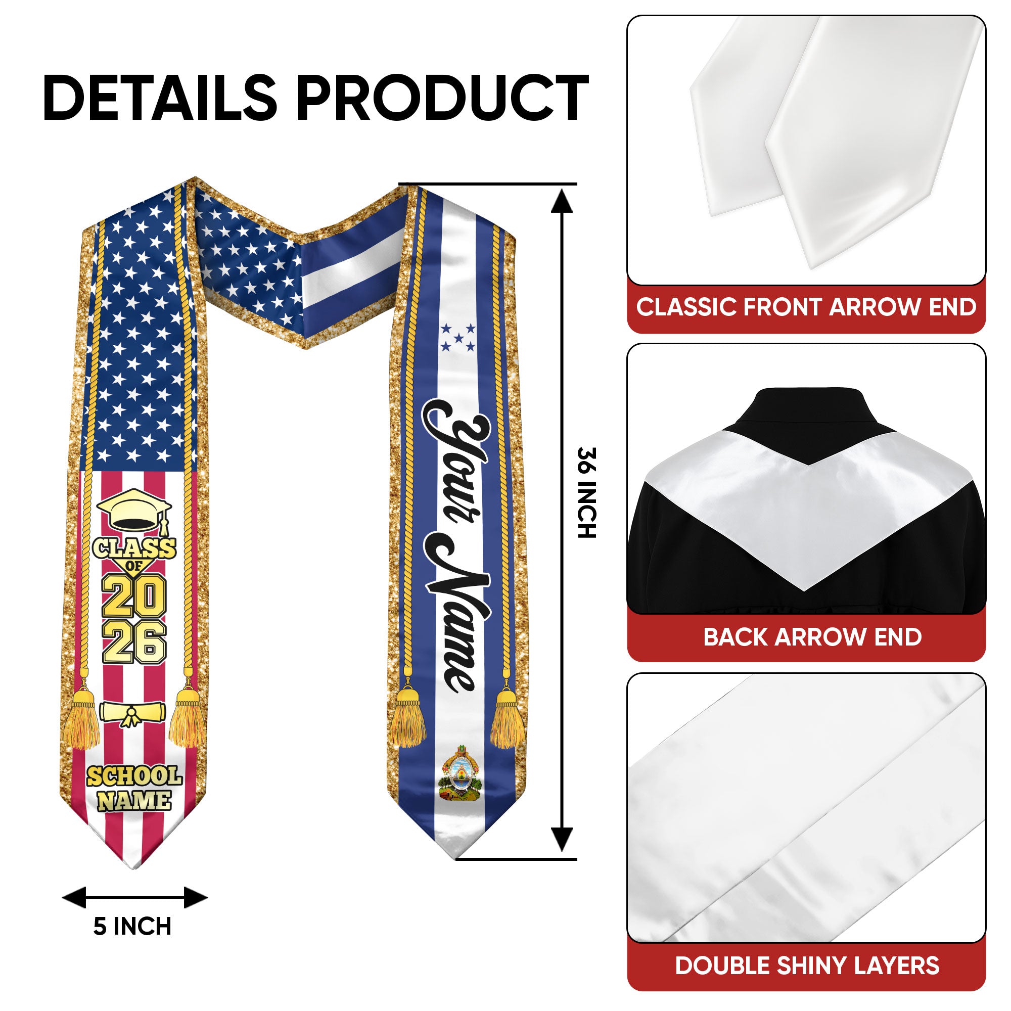Customized Honduras Graduation Stole with Honduran Flag Emblem, Graduation Sash for Class of 2026