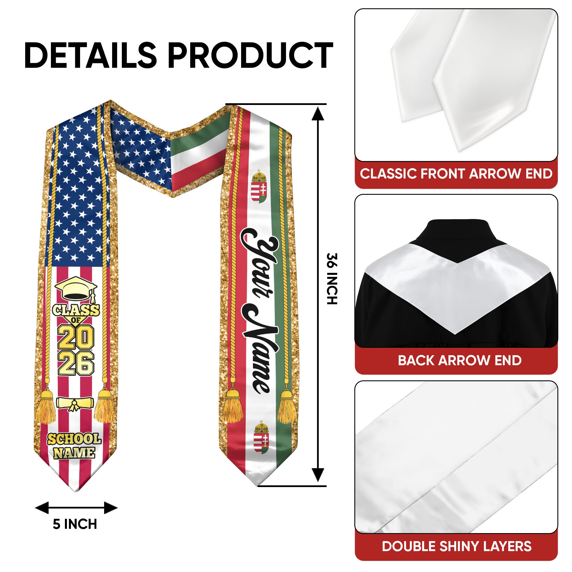 Customized Hungary Graduation Stole with Hungarian Flag Emblem, Graduation Sash for Class of 2026