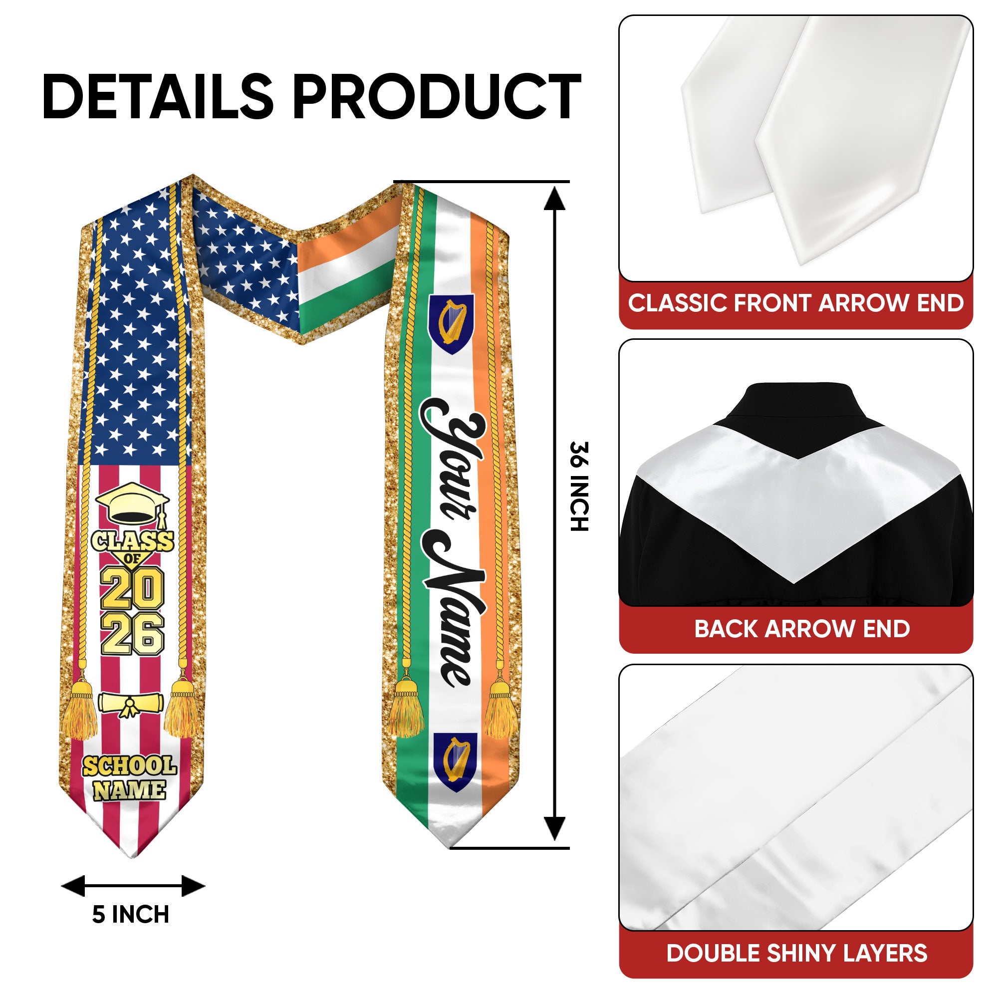 Customized Ireland Graduation Stole with Irish Flag Emblem, Graduation Sash for Class of 2026