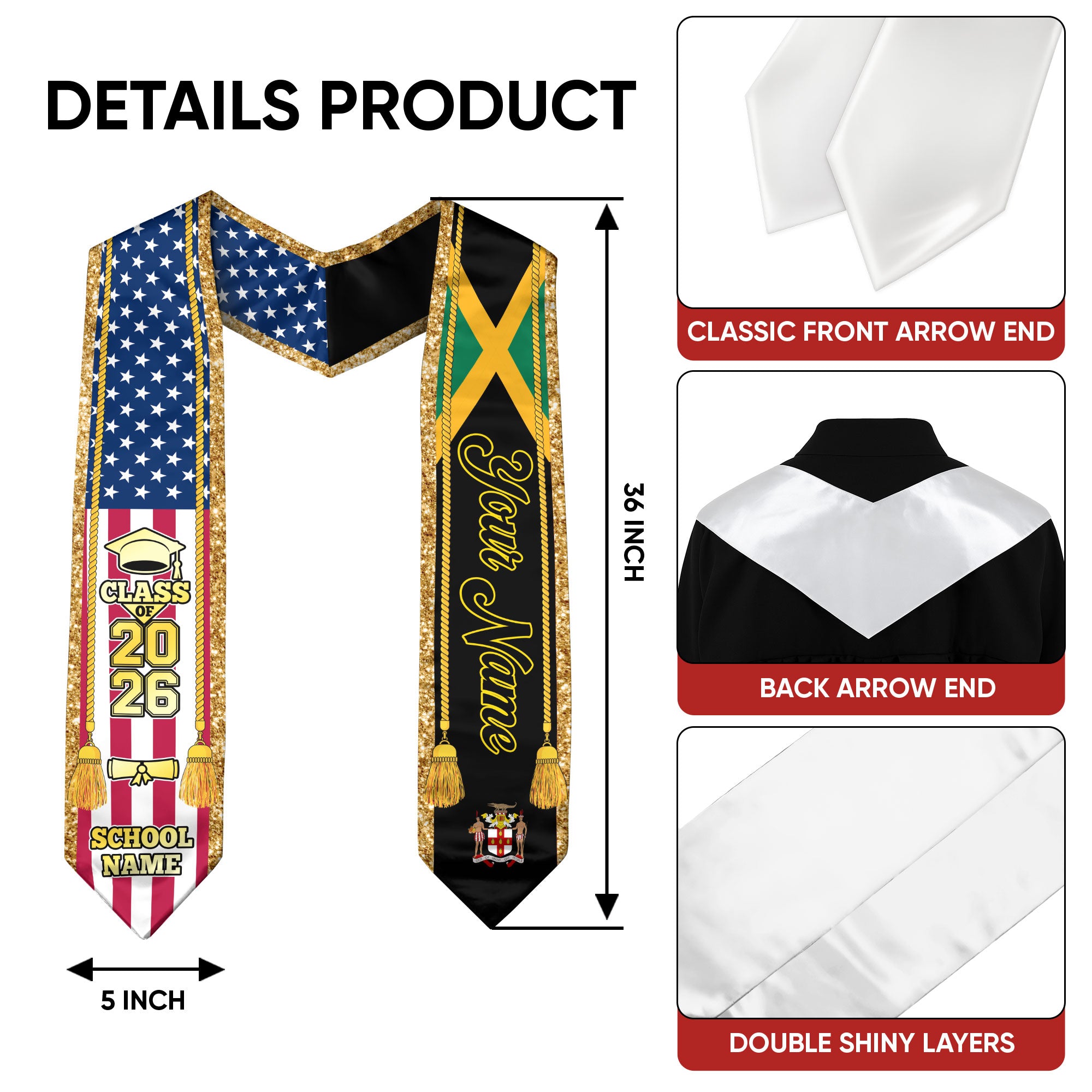 Customized Jamaica Graduation Stole with Jamaican Flag Emblem, Graduation Sash for Class of 2026