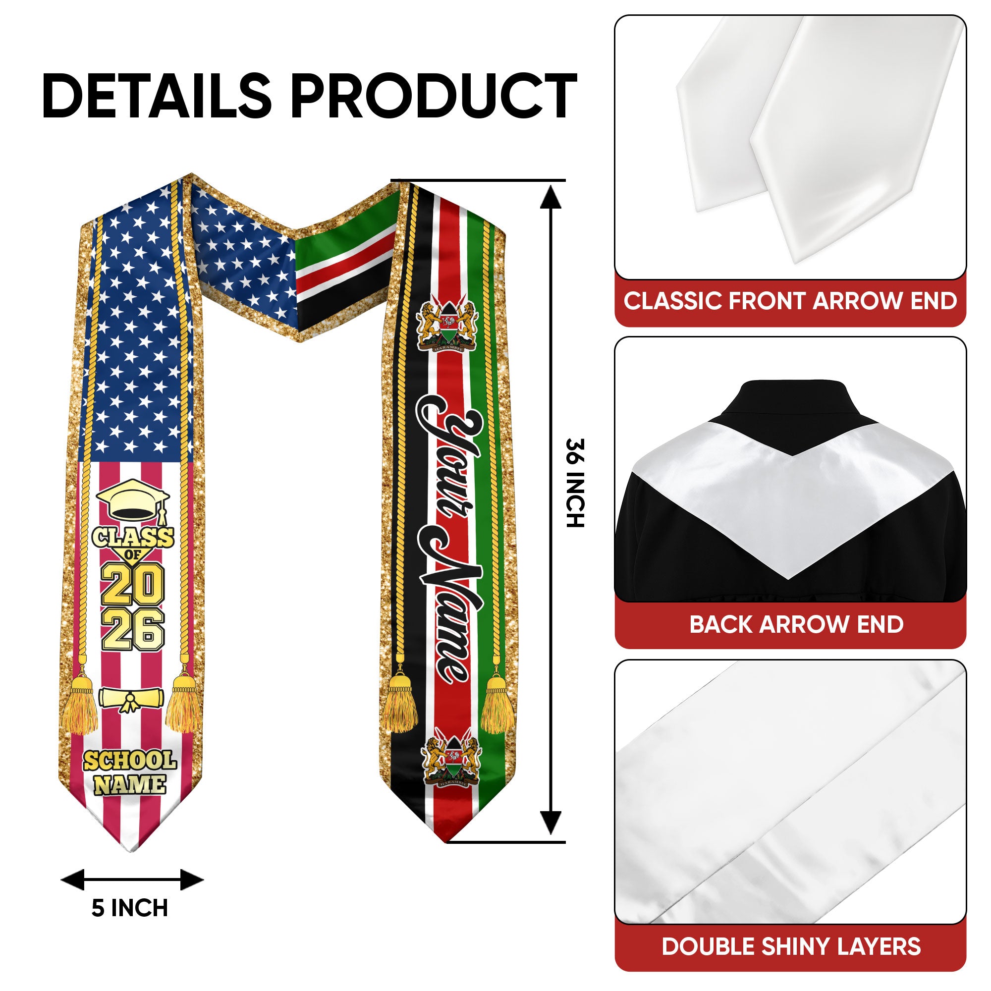 Customized Kenya Graduation Stole with Kenyan Flag Emblem, Graduation Sash for Class of 2026