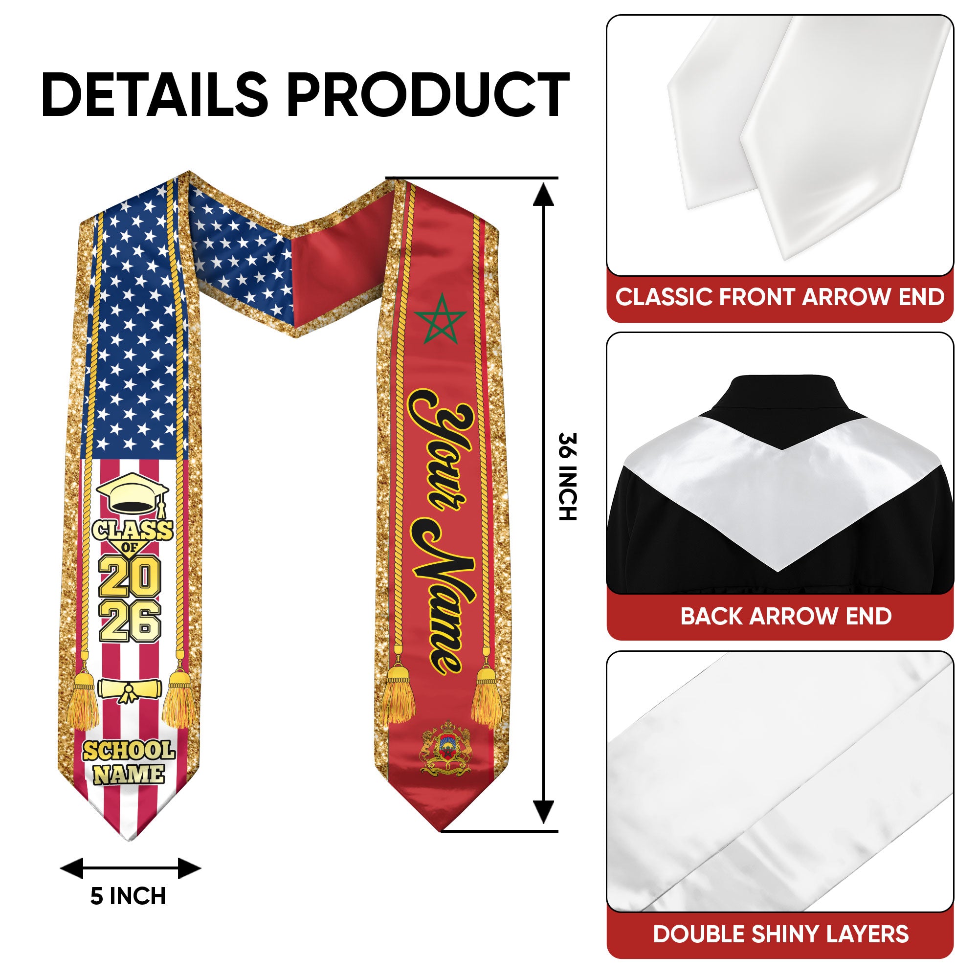 Customized Morocco Graduation Stole with Moroccan Flag Emblem, Graduation Sash for Class of 2026