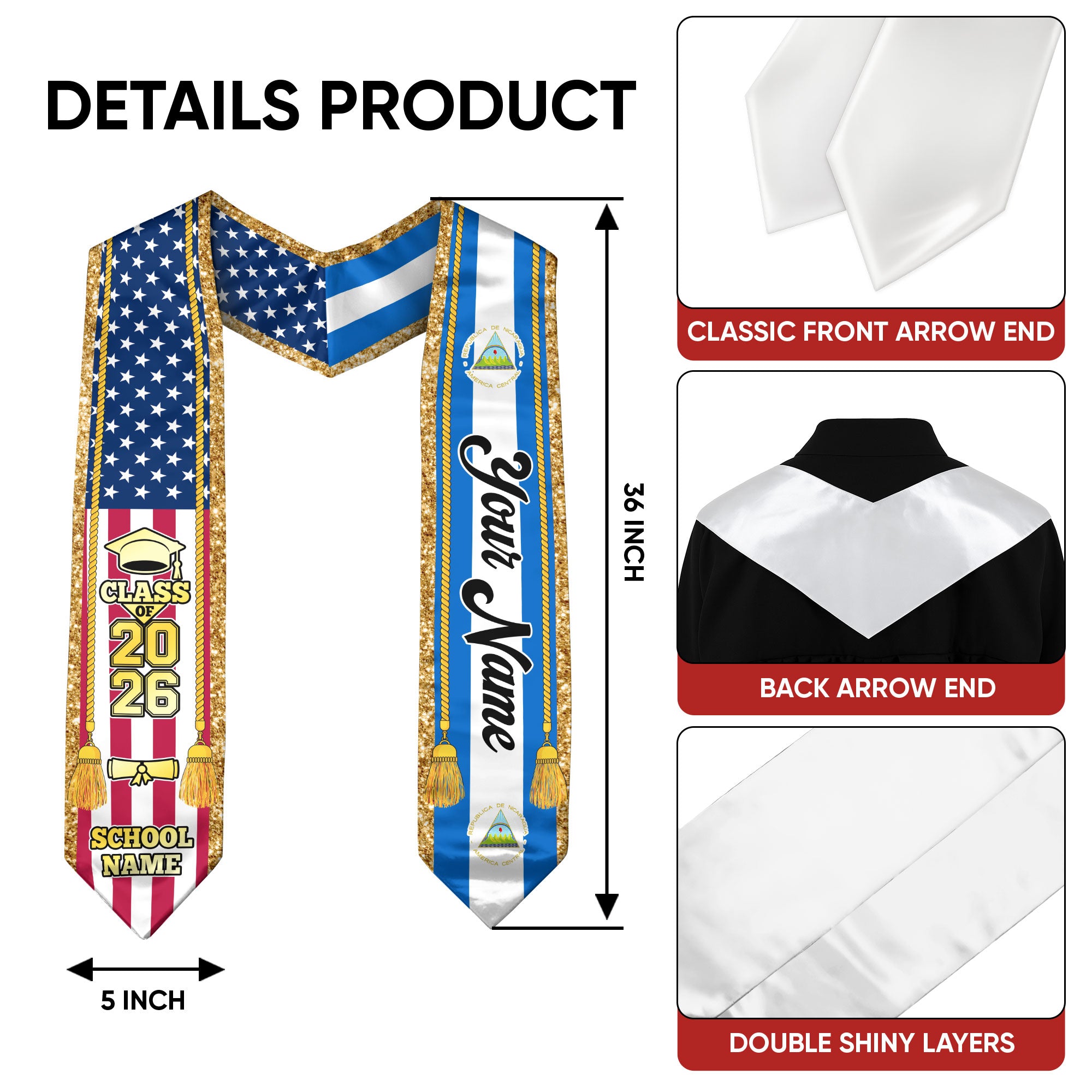 Customized Nicaragua Graduation Stole with Nicaraguan Flag Emblem, Graduation Sash for Class of 2026