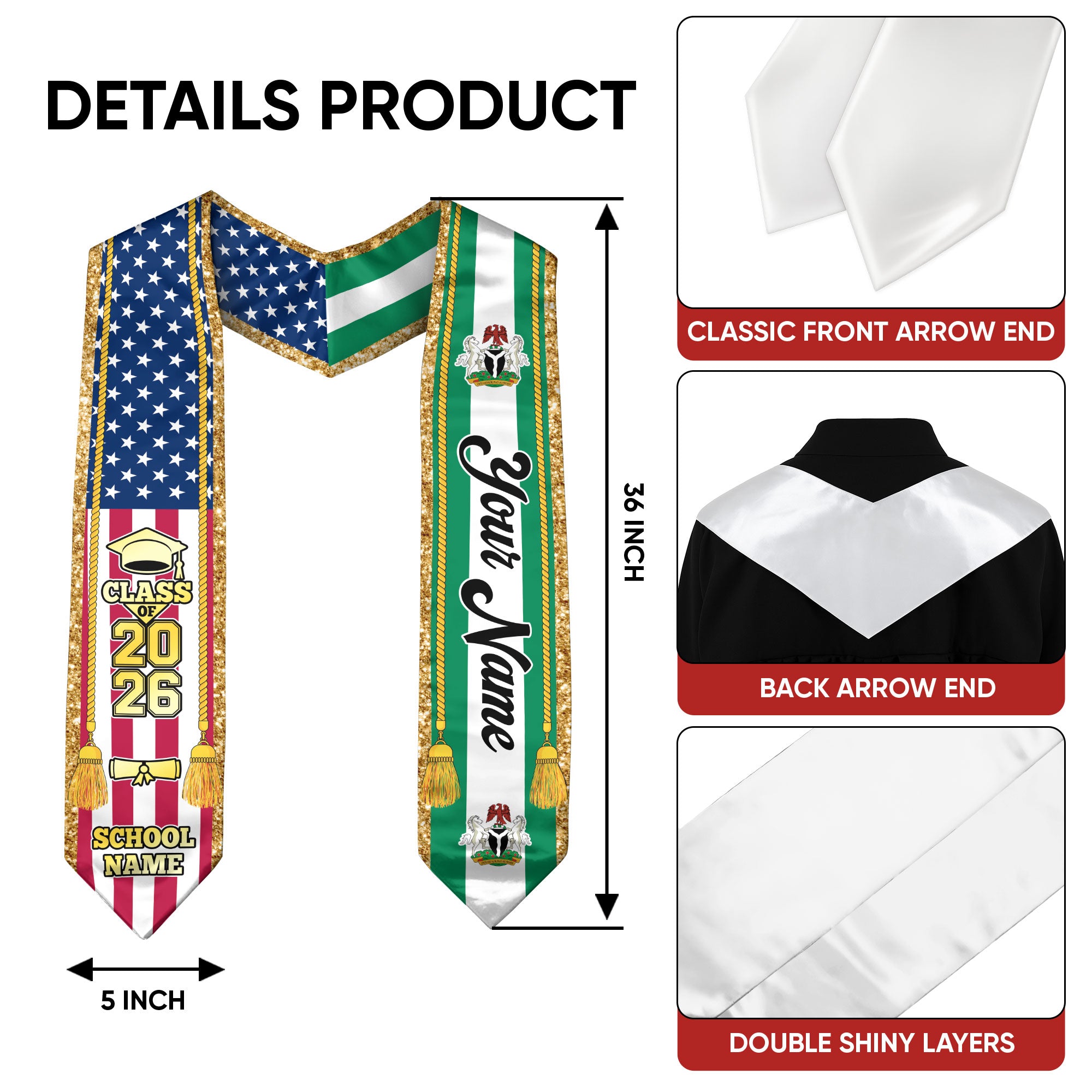 Customized Nigeria Graduation Stole with Nigerian Flag Emblem, Graduation Sash for Class of 2026