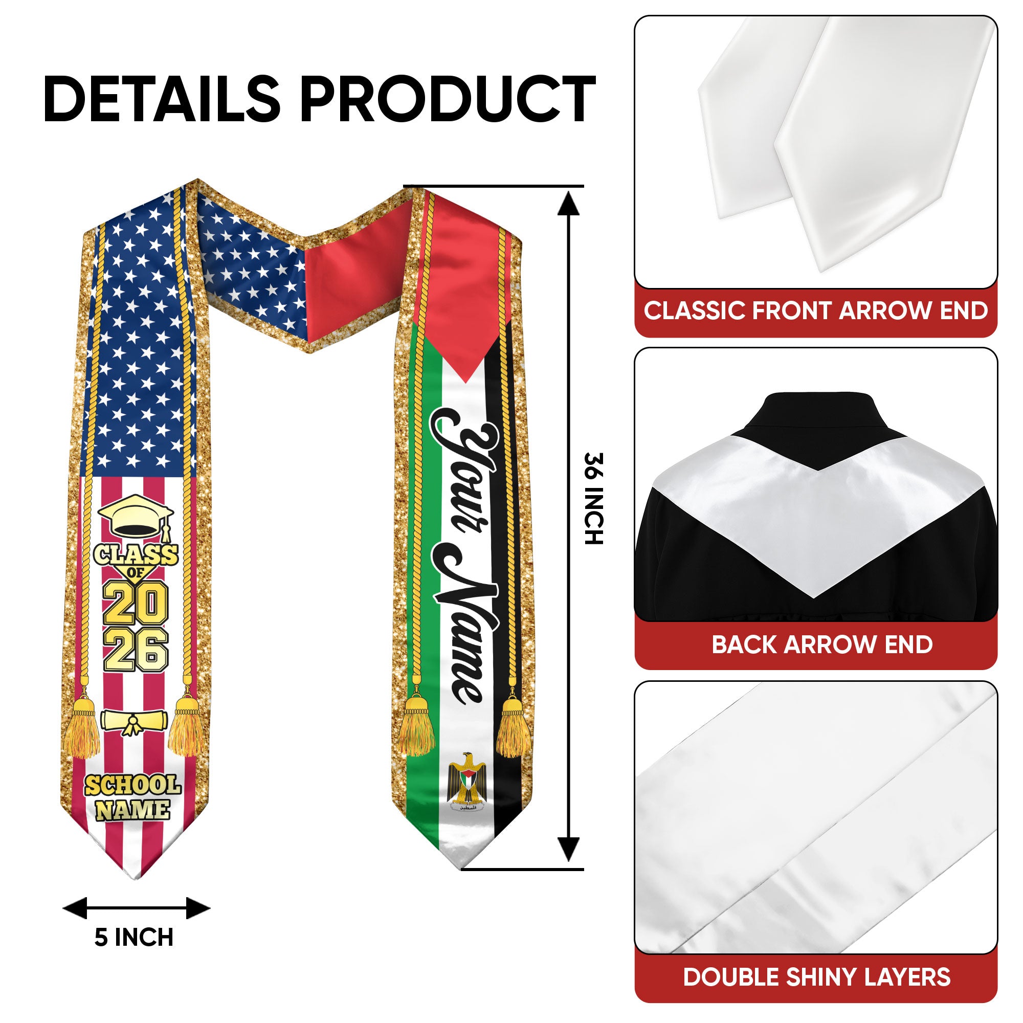Customized Palestine Graduation Stole with Palestinian Flag Emblem, Graduation Sash for Class of 2026