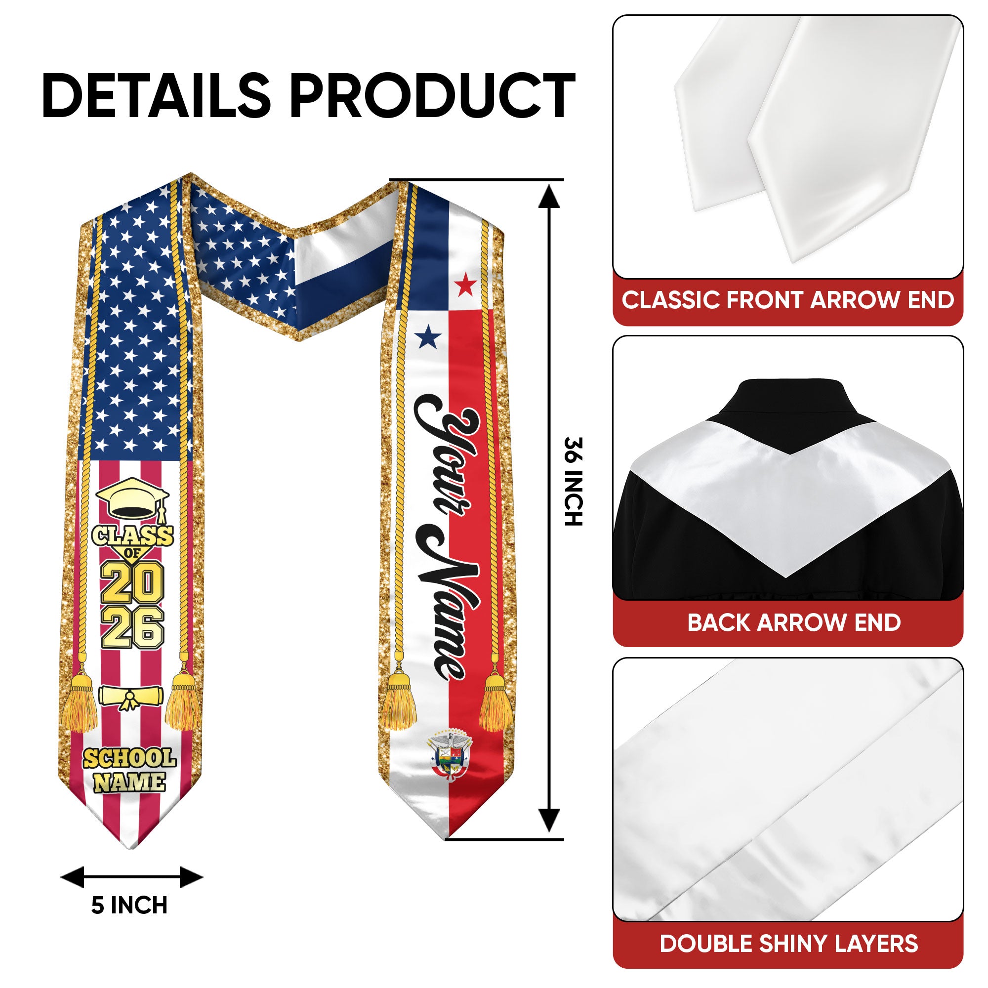 Customized Panama Graduation Stole with Panamanian Flag Emblem, Graduation Sash for Class of 2026
