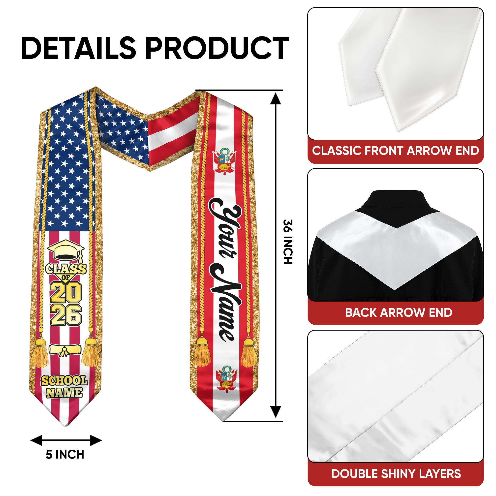 Customized Peru Graduation Stole with Peruvian Flag Emblem, Graduation Sash for Class of 2026