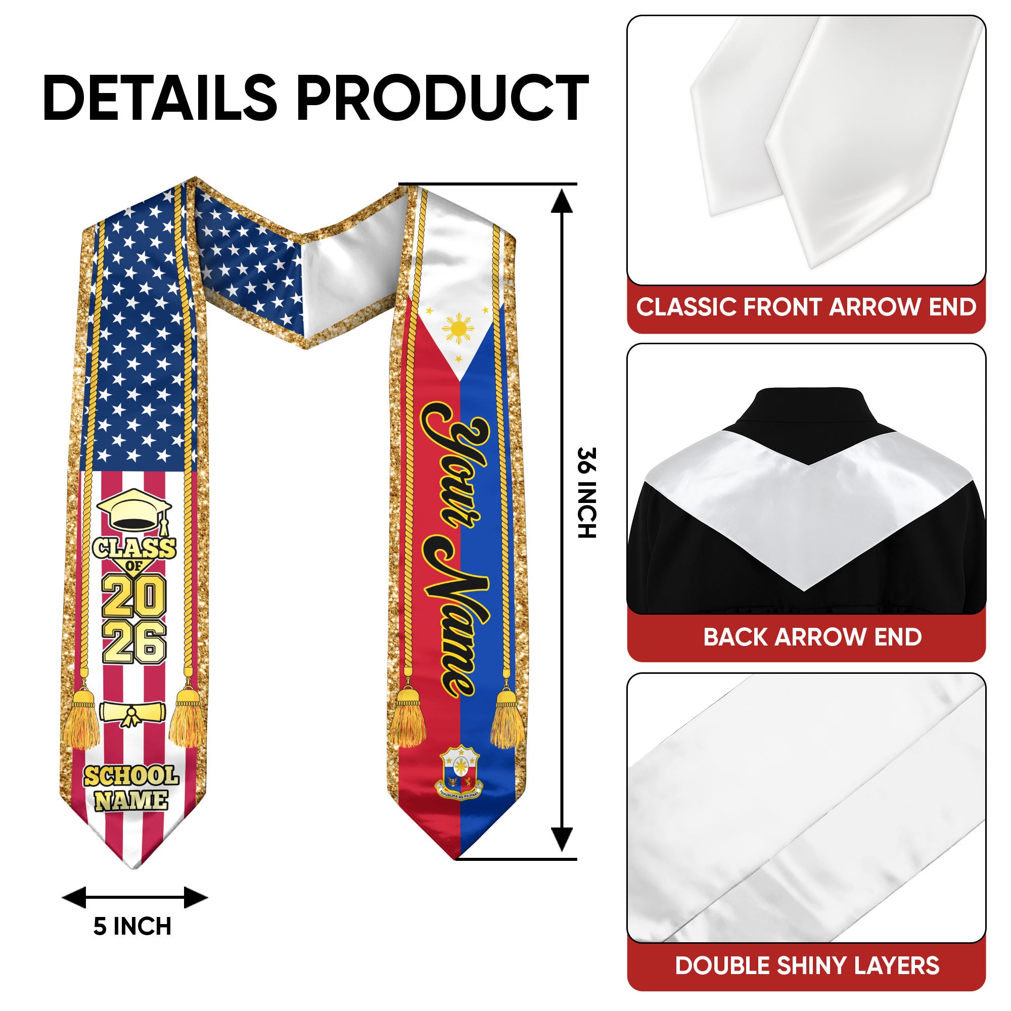 Customized Philippines Graduation Stole with Filipino Flag Emblem, Graduation Sash for Class of 2026