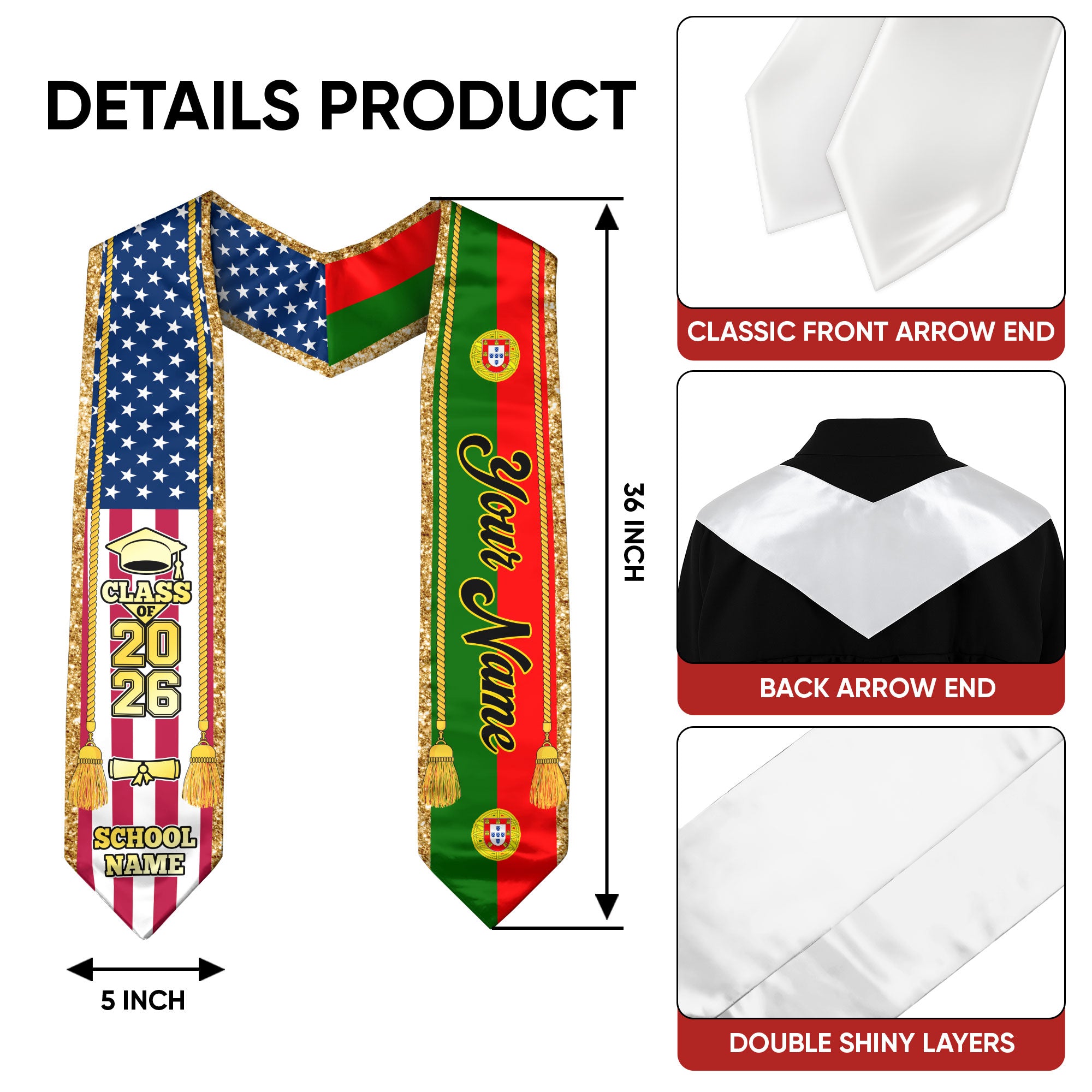 Customized Portugal Graduation Stole with Portuguese Flag Emblem, Graduation Sash for Class of 2026