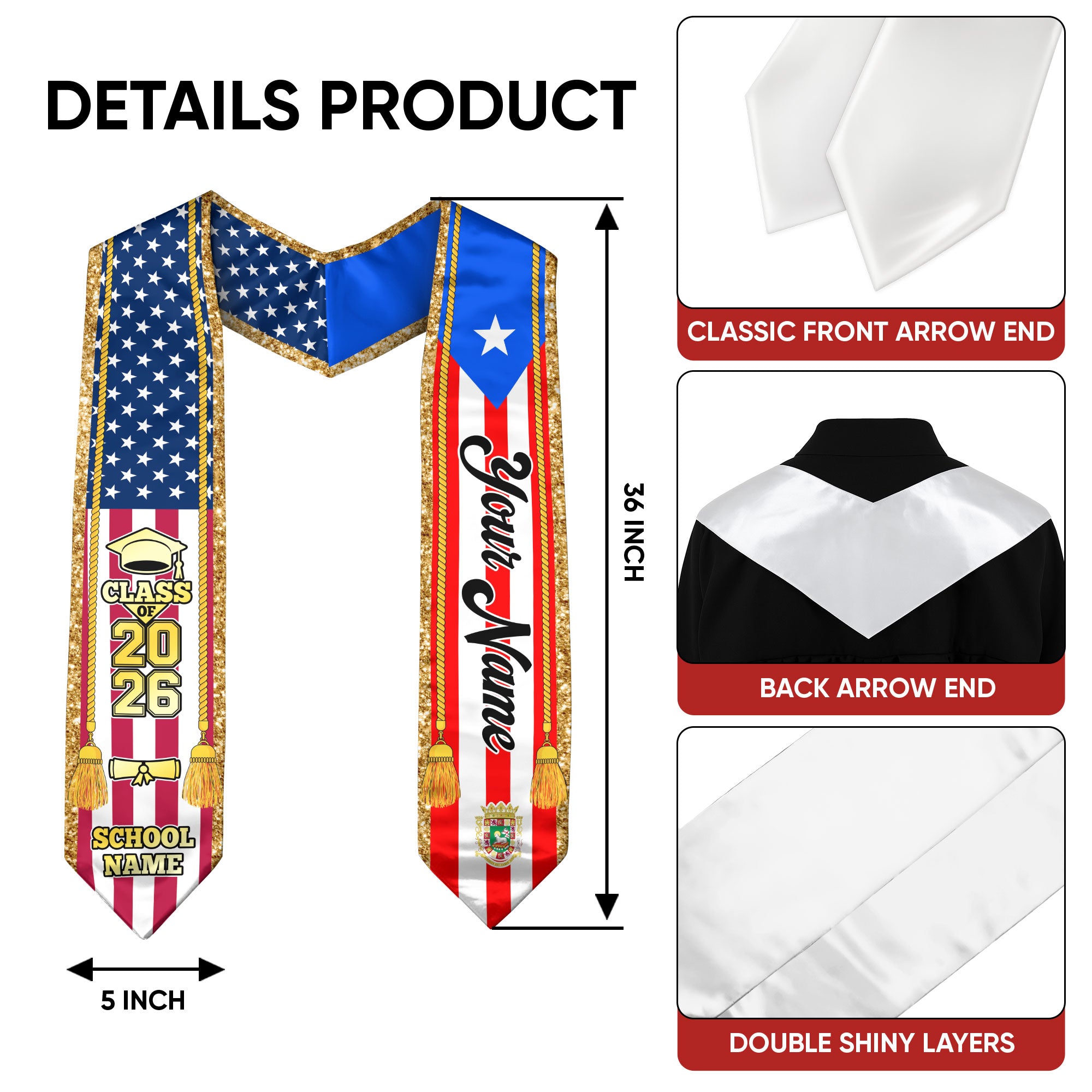 Customized Puerto Rico Graduation Stole with Puerto Rican Flag Emblem, Graduation Sash for Class of 2026