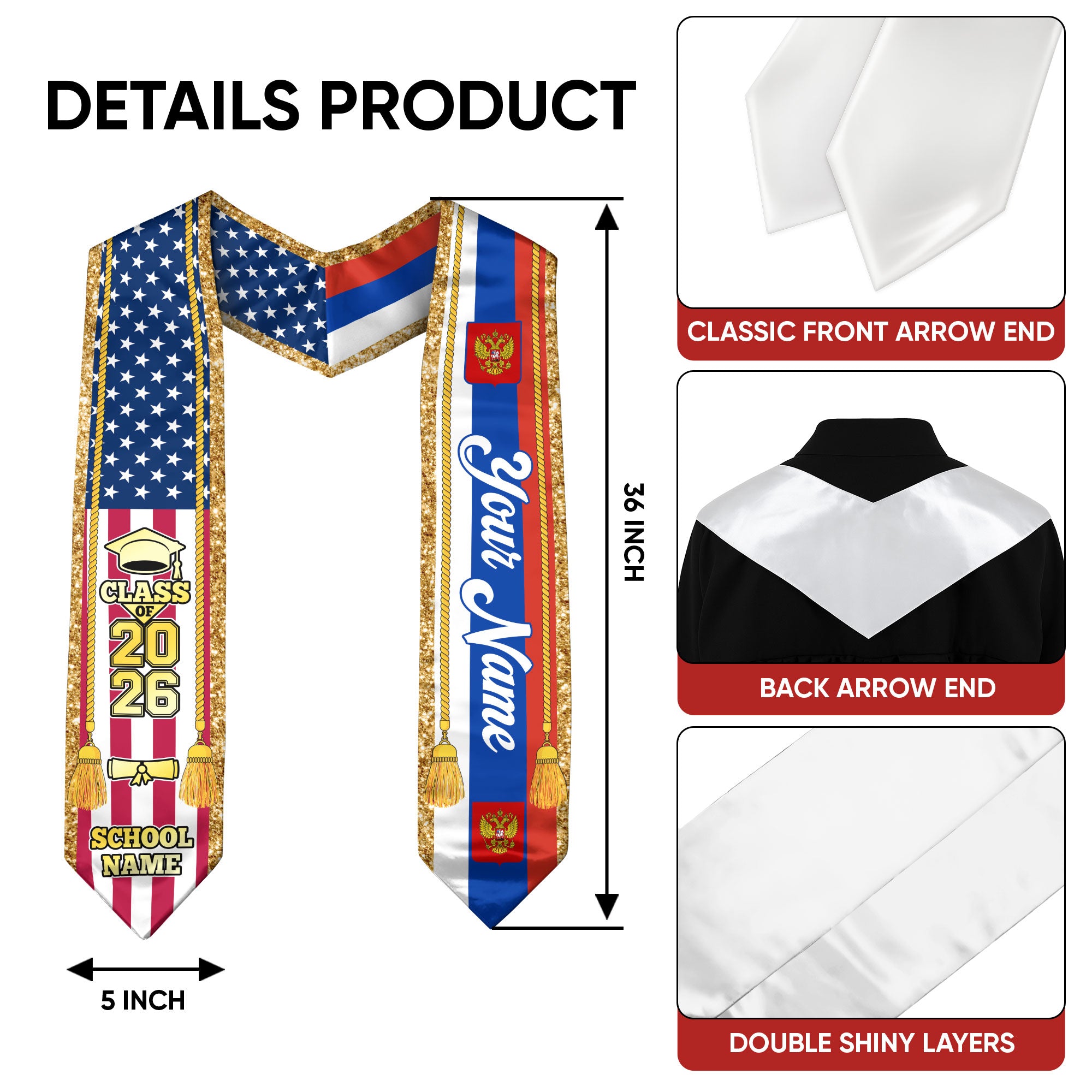 Customized Russia Graduation Stole with Russian Flag Emblem, Graduation Sash for Class of 2026