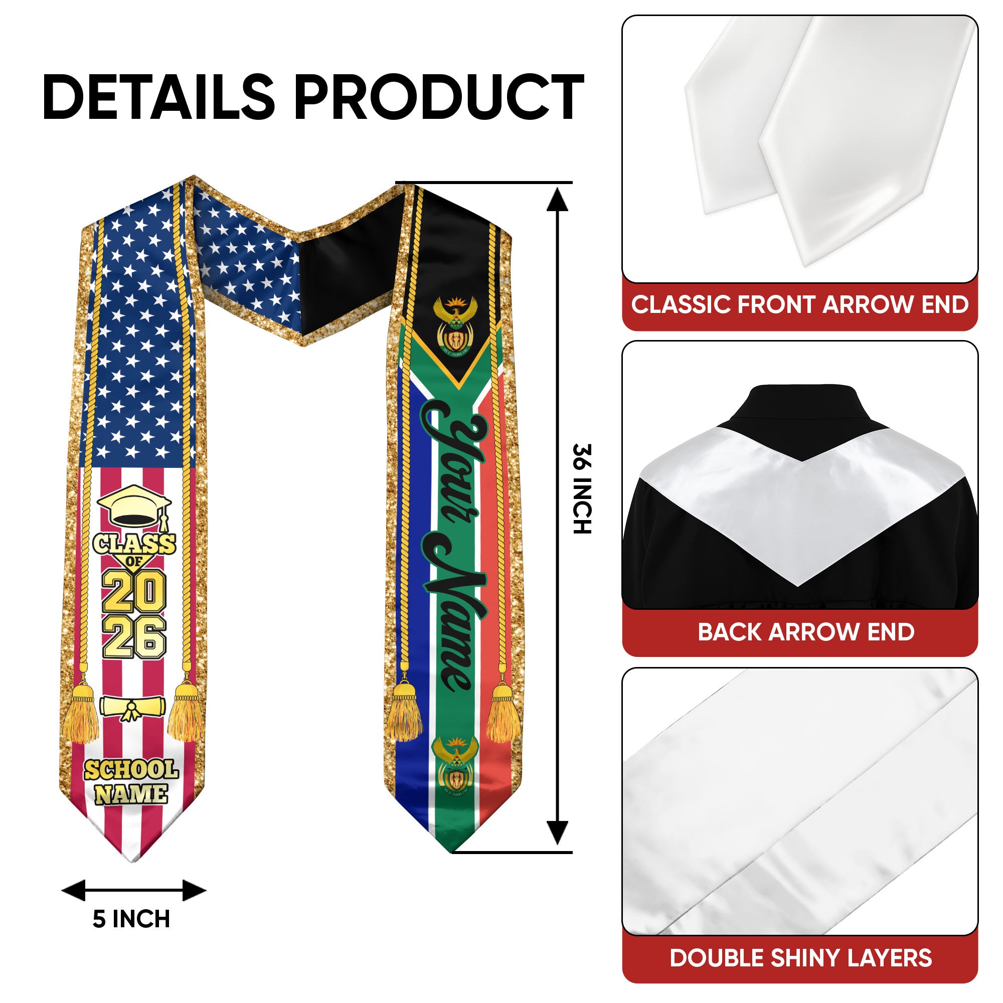 Customized South Africa Graduation Stole with National Flag Emblem, Graduation Sash for Class of 2026