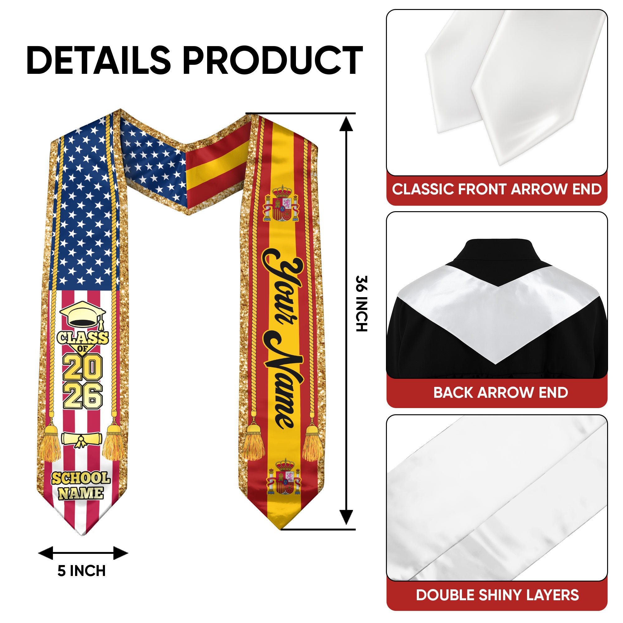 Customized Spain Graduation Stole with Spanish Flag Emblem, Graduation Sash for Class of 2026