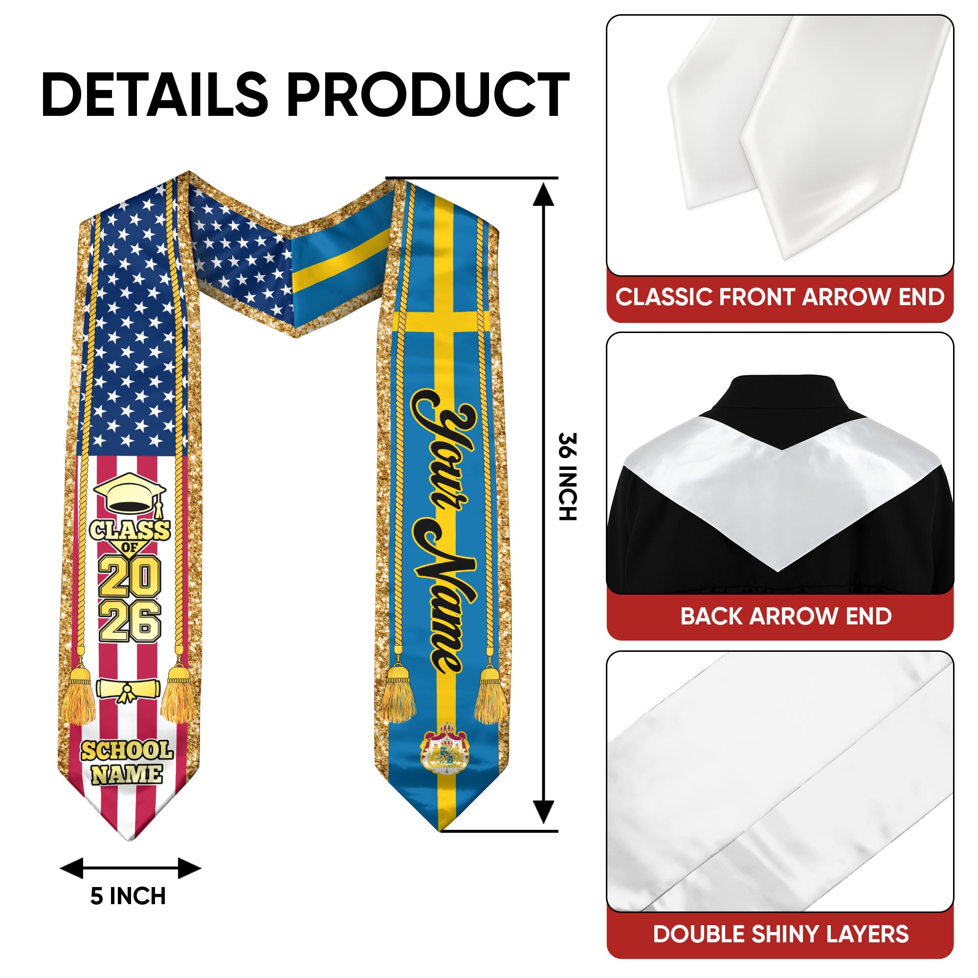Customized Sweden Graduation Stole with Swedish Flag Emblem, Graduation Sash for Class of 2026