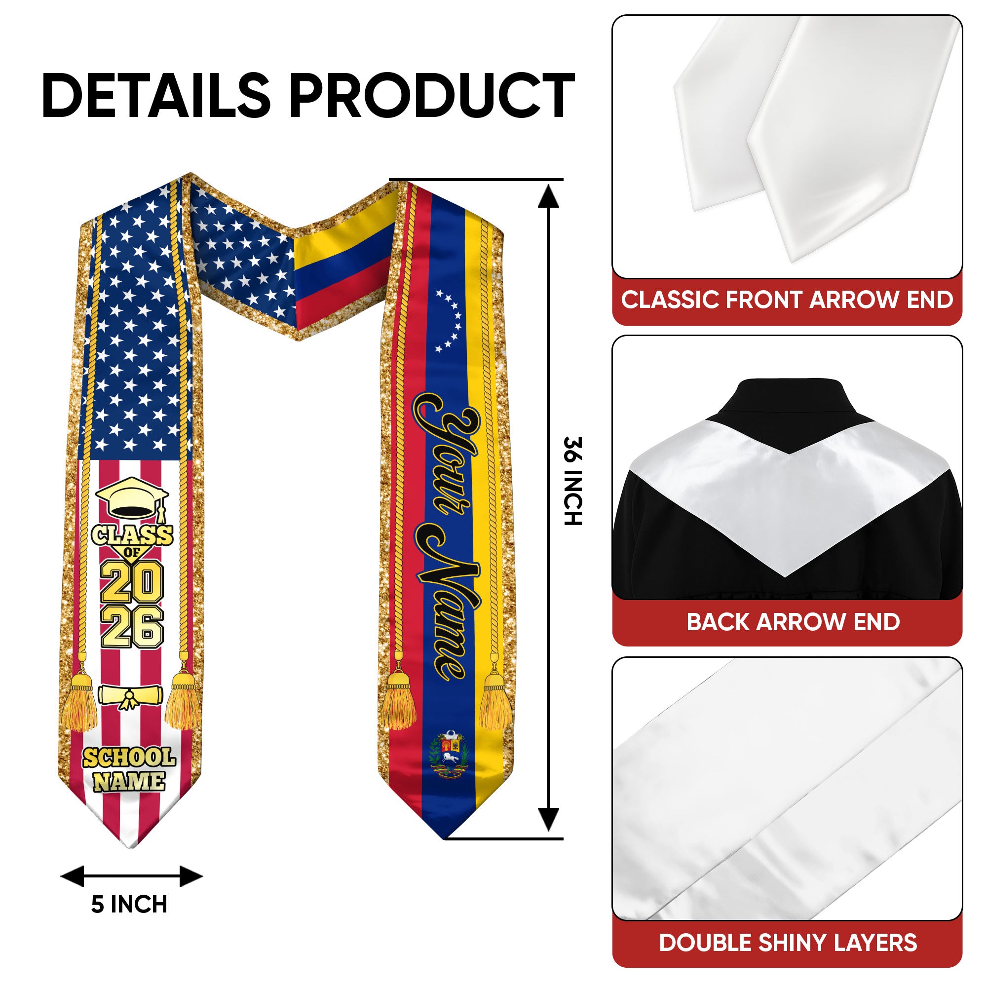 Customized Venezuela Graduation Stole with Venezuelan Flag Emblem, Graduation Sash for Class of 2026