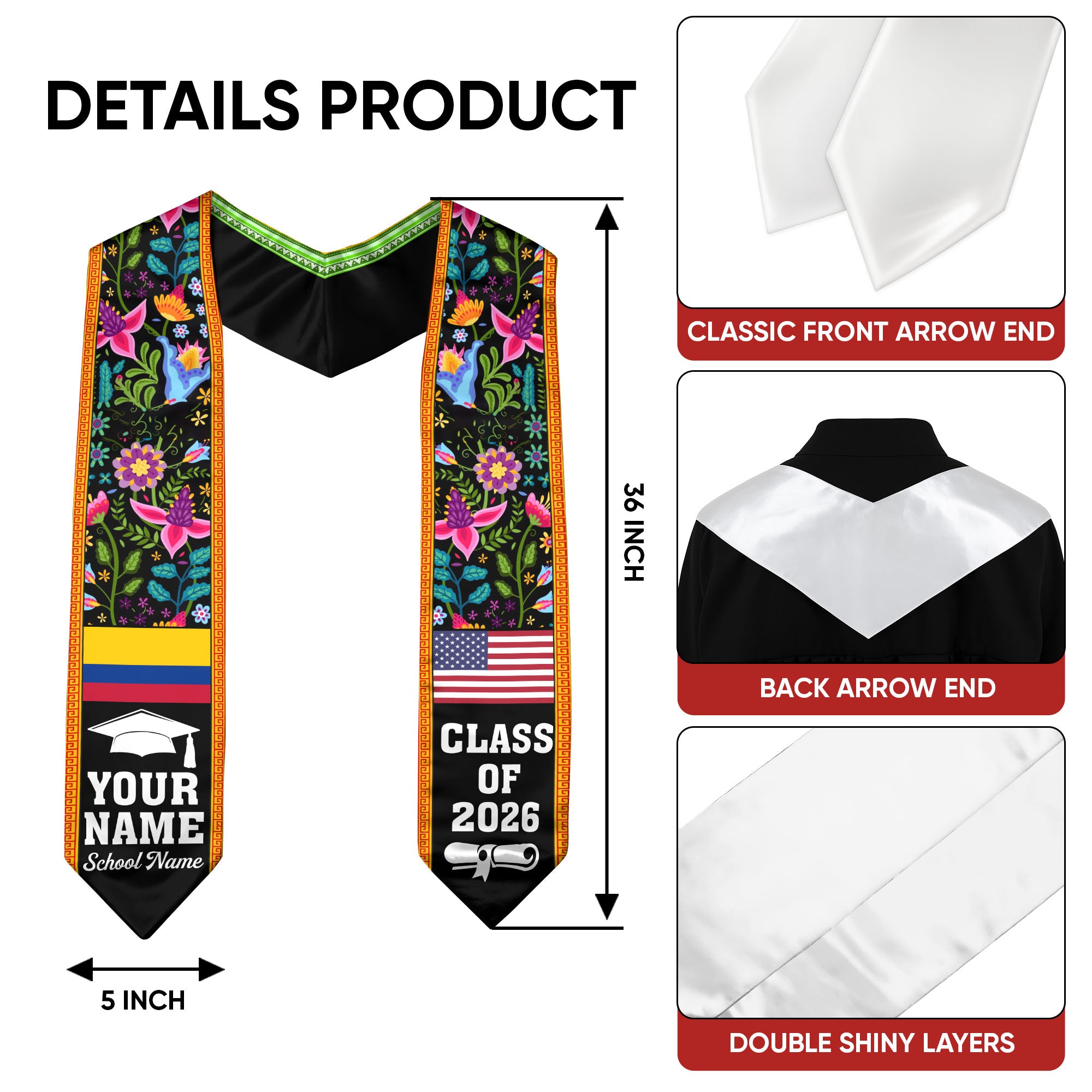 Customized Colombia Graduation Stole, Colombia Custom, Colombian Flag Stole, Custom Graduation Sash 2026, Class of 2026