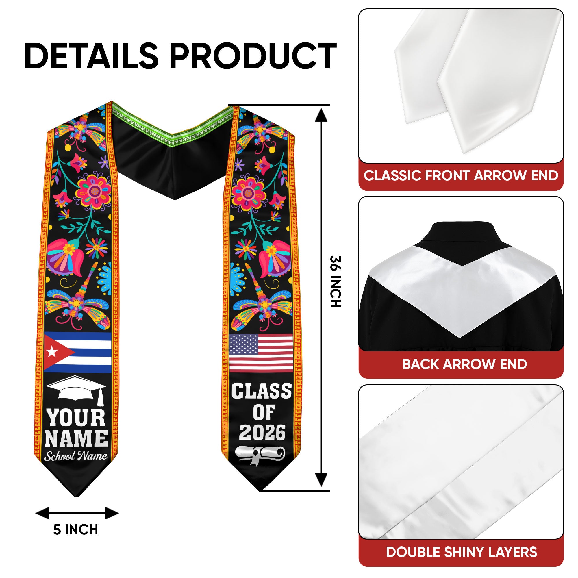 Cuba Graduation Stole 2026, Cuban Flag Sash, Custom Detail Option