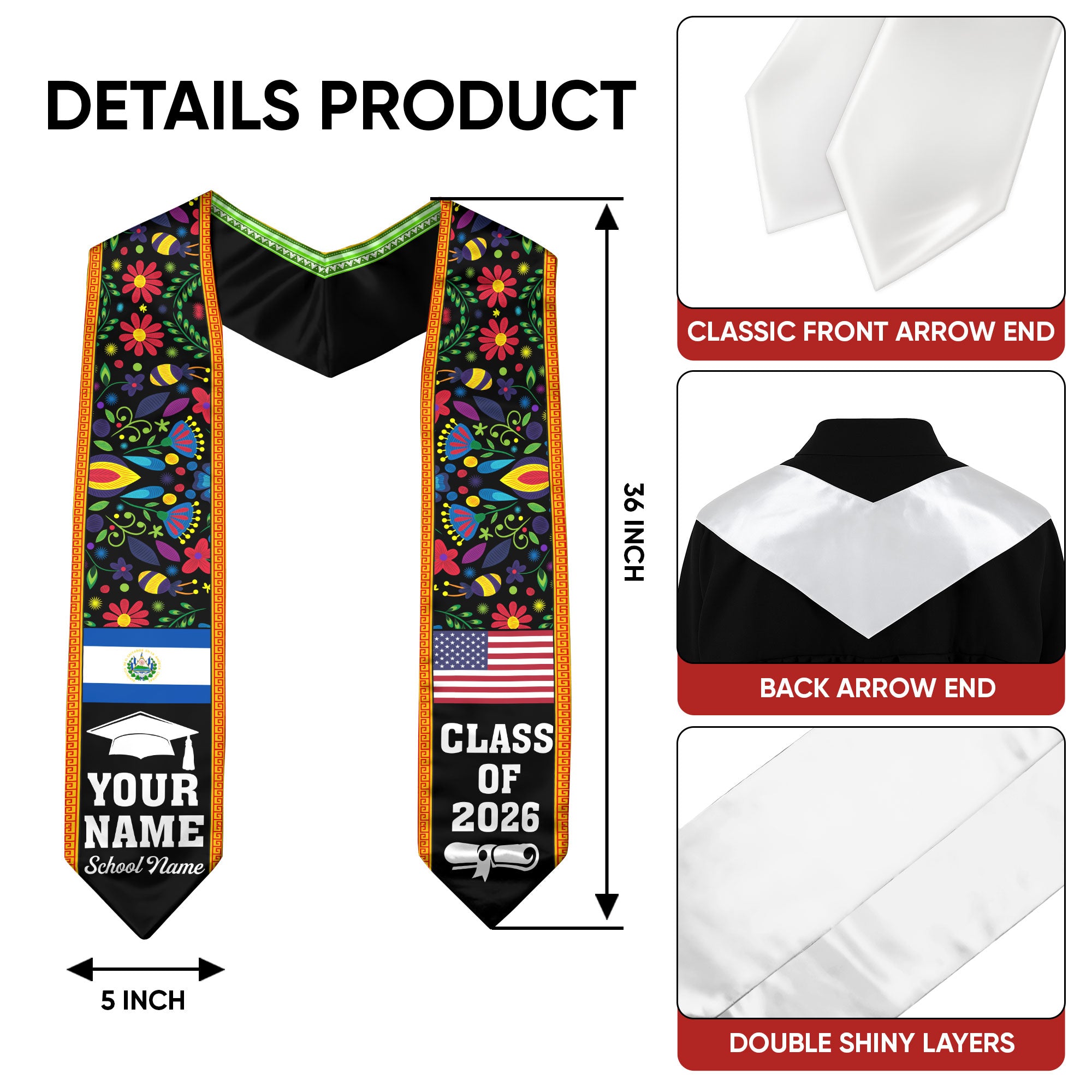 El Salvador Graduation Stole 2026, Salvadoran Flag Sash, Personal Detail Option