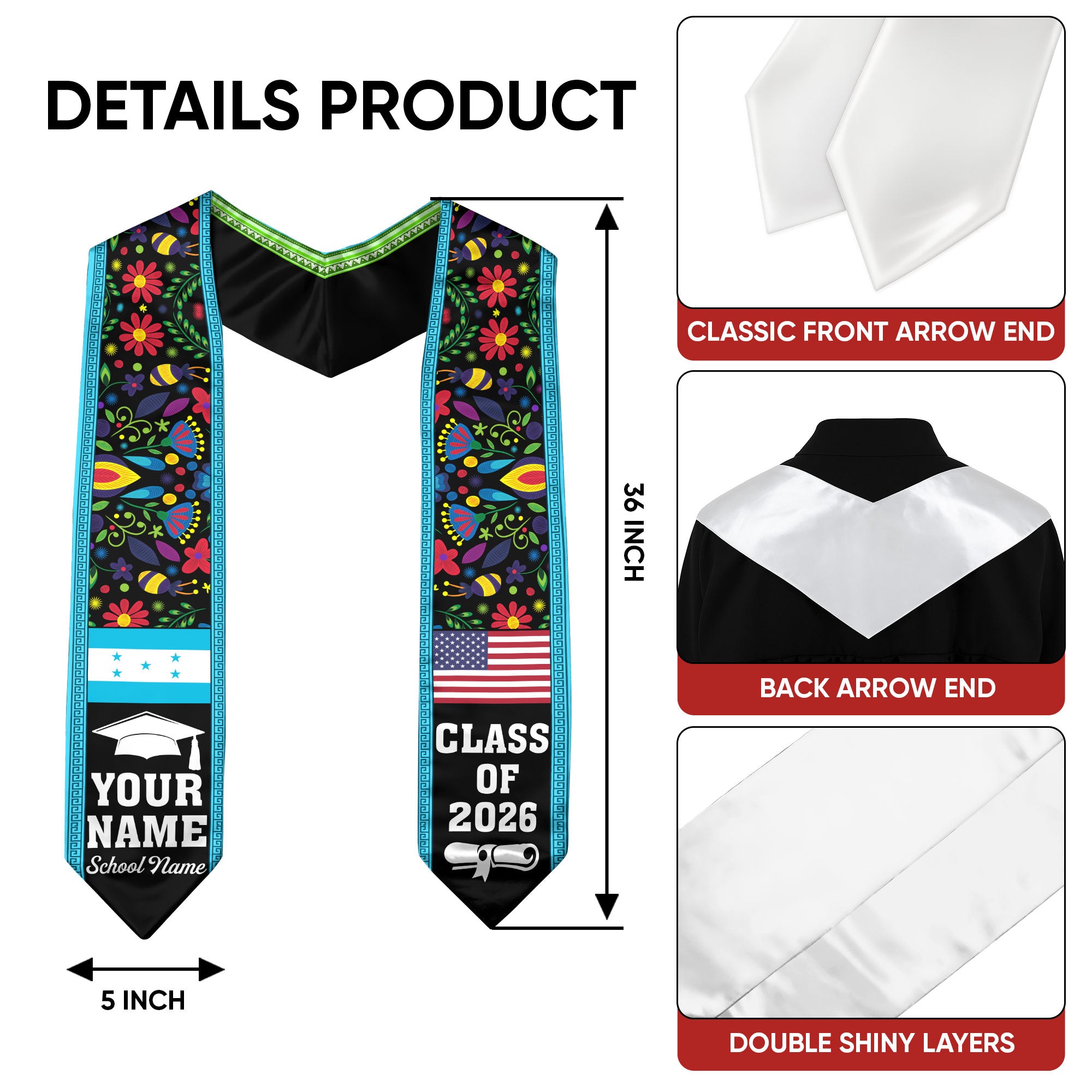 Honduras Graduation Stole 2026, Honduran Flag Sash, Custom Detail Option
