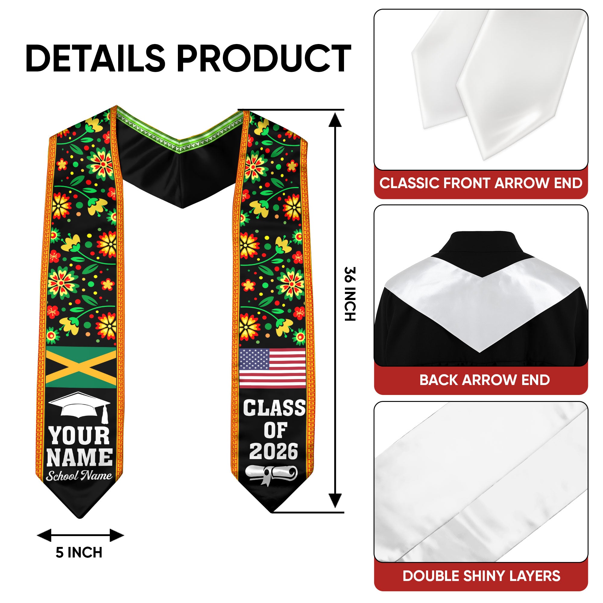 Jamaica Graduation Stole 2026, Jamaican Flag Sash, Add Personal Detail