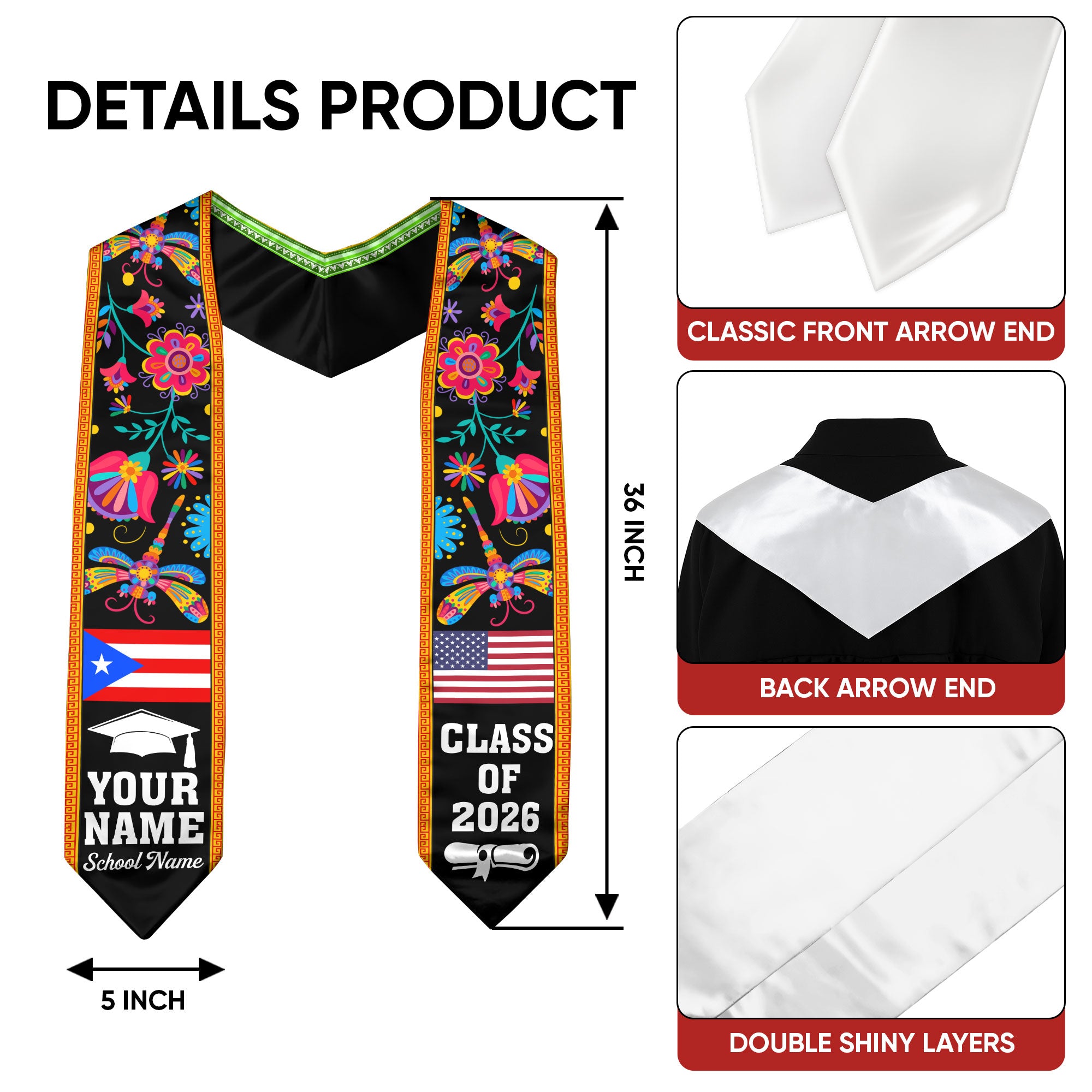 Puerto Rico Graduation Stole 2026, Puerto Rican Flag Sash, Personalization Option