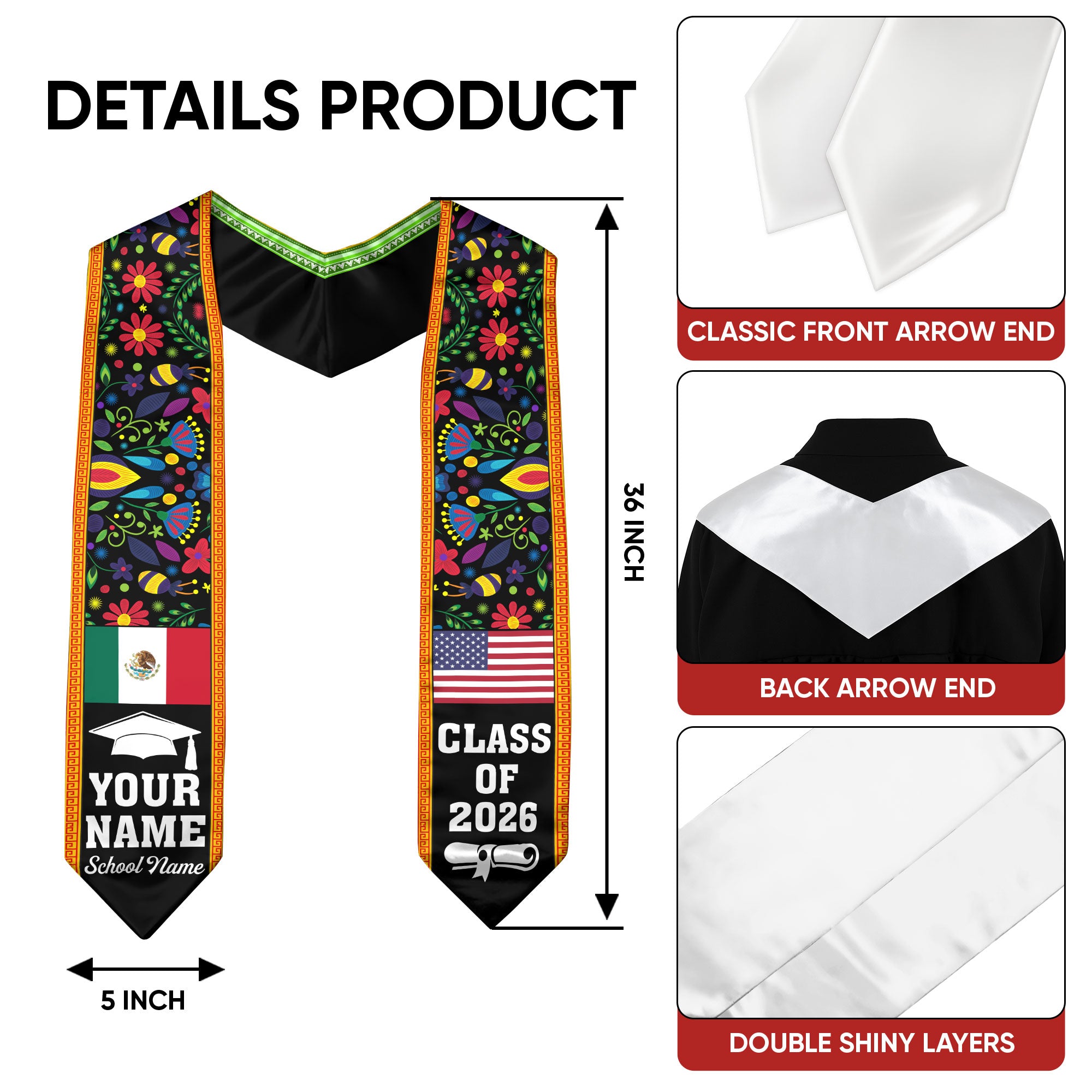 Mexico Flag Graduation Sash 2026, Mexican Stole, Add Personalized Detail for Senior Day