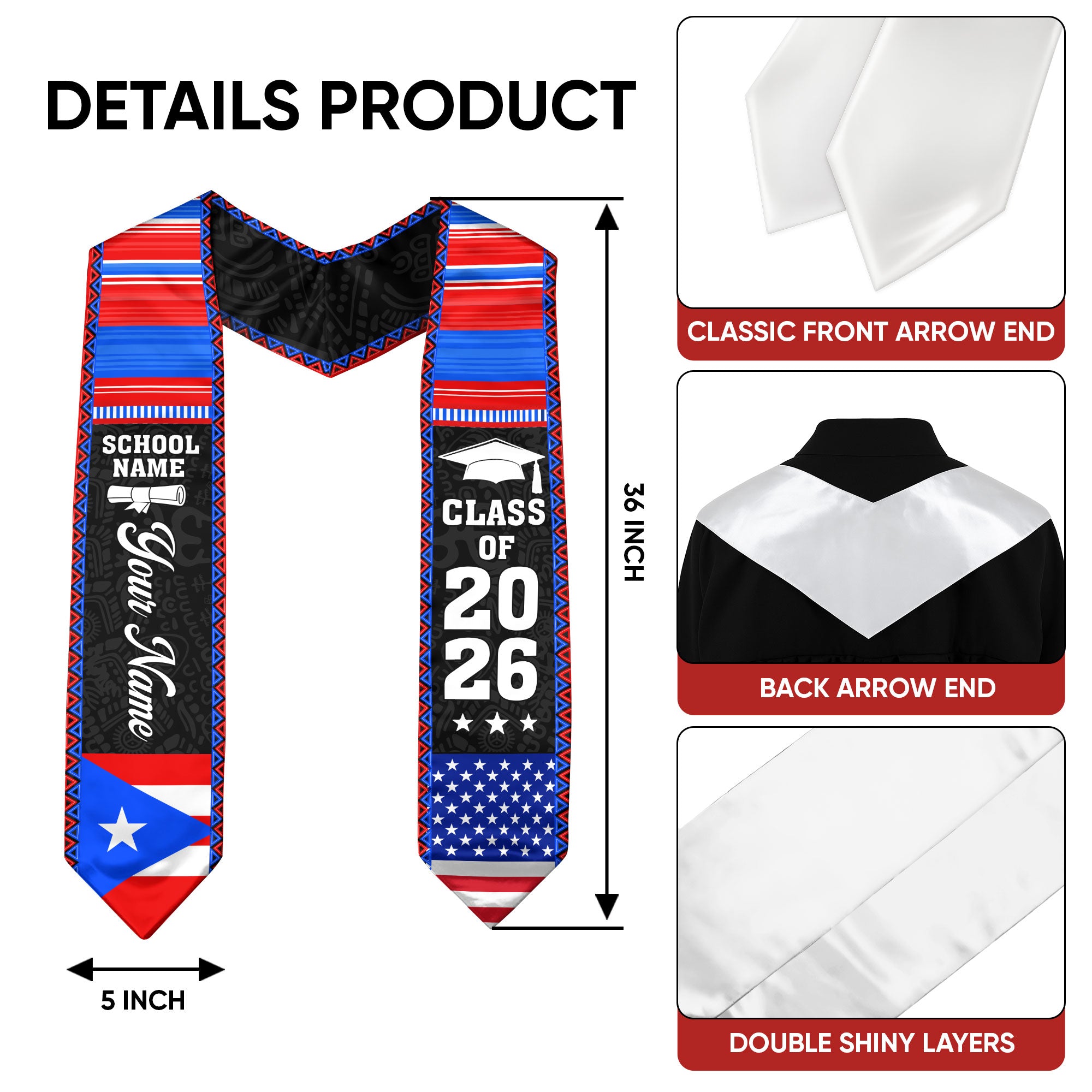 2026 Puerto Rico Flag Graduation Stole, Puerto Rican Sash, Add Your Detail
