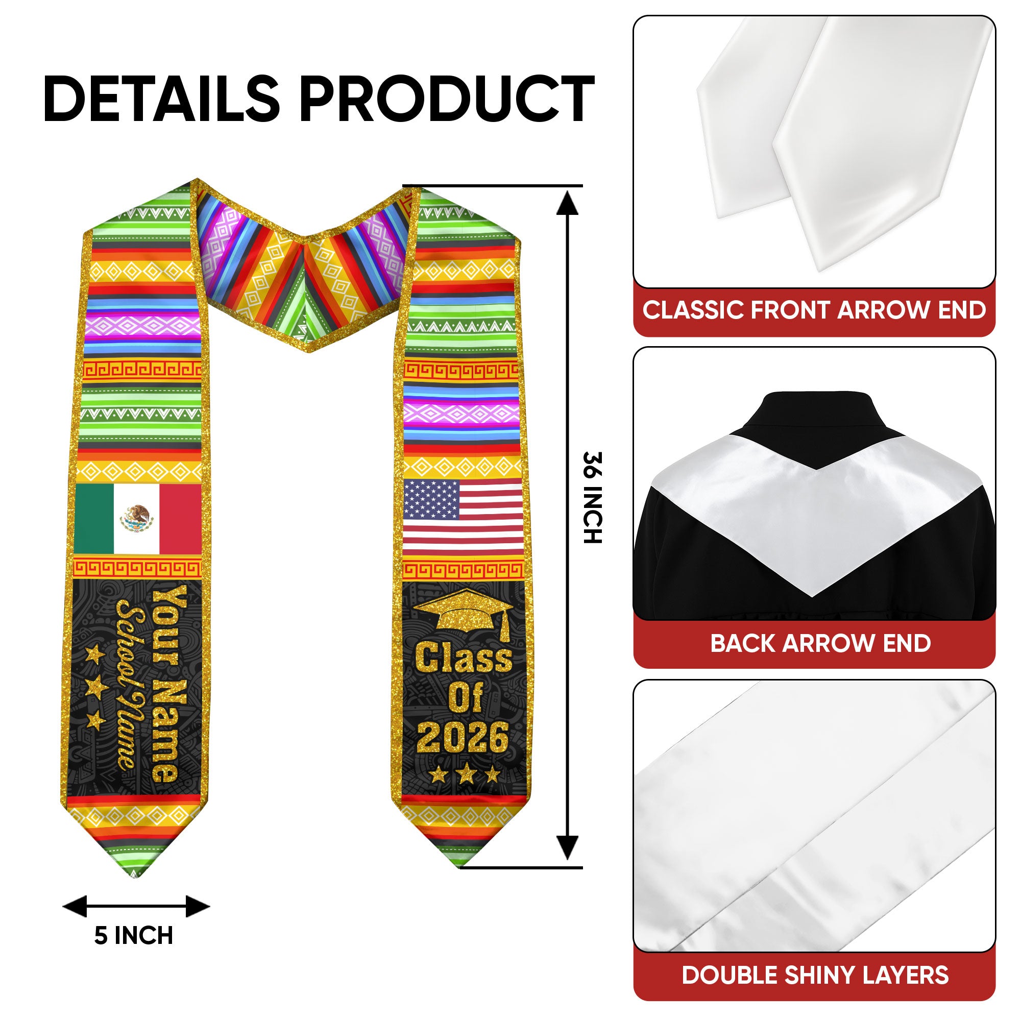2026 Mexican Graduation Stole, Mexico Flag Sash, Personal Detail Option for Cap & Gown