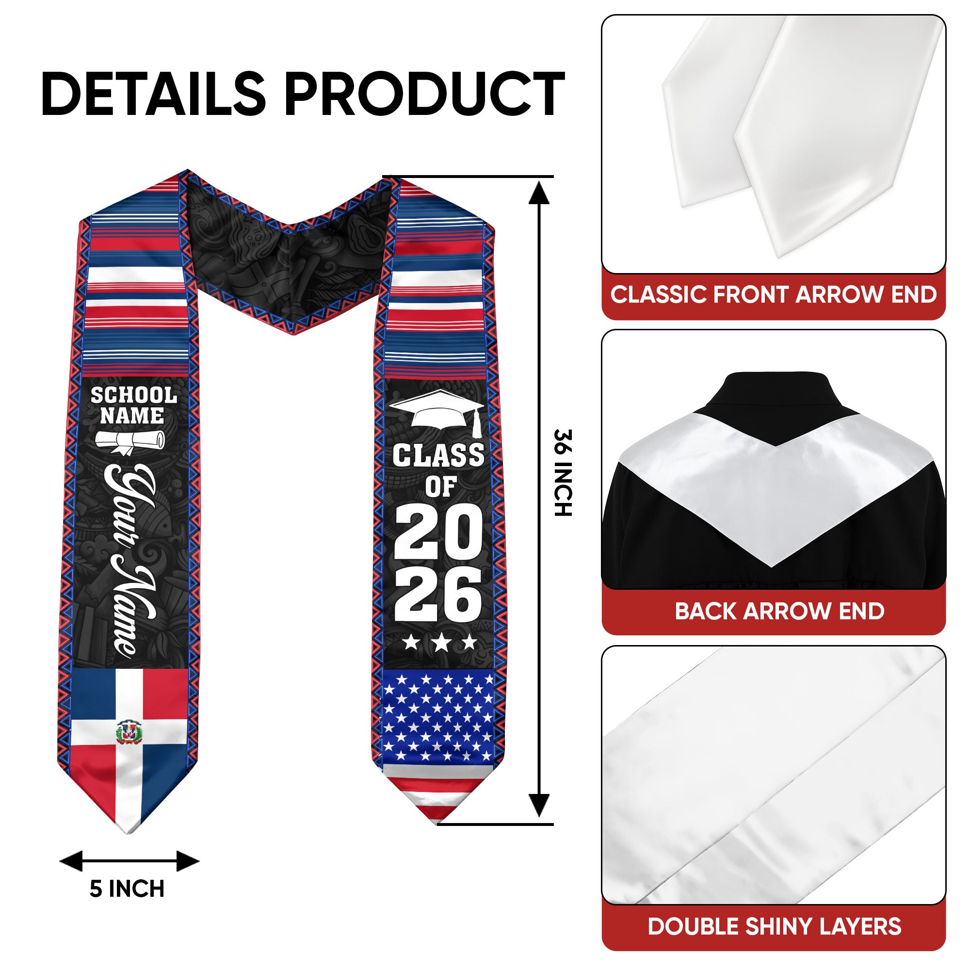 2026 Dominican Republic Flag Graduation Sash, Dominican Stole, Add Detail
