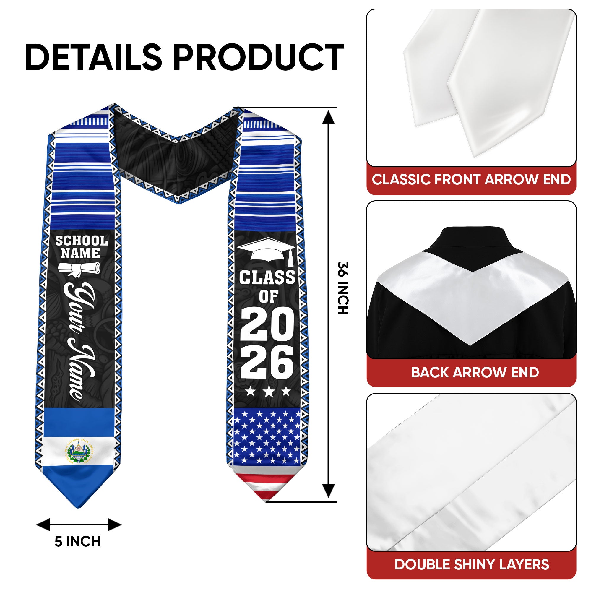 2026 El Salvador Flag Graduation Sash, El Salvador Stole, Add Custom Detail