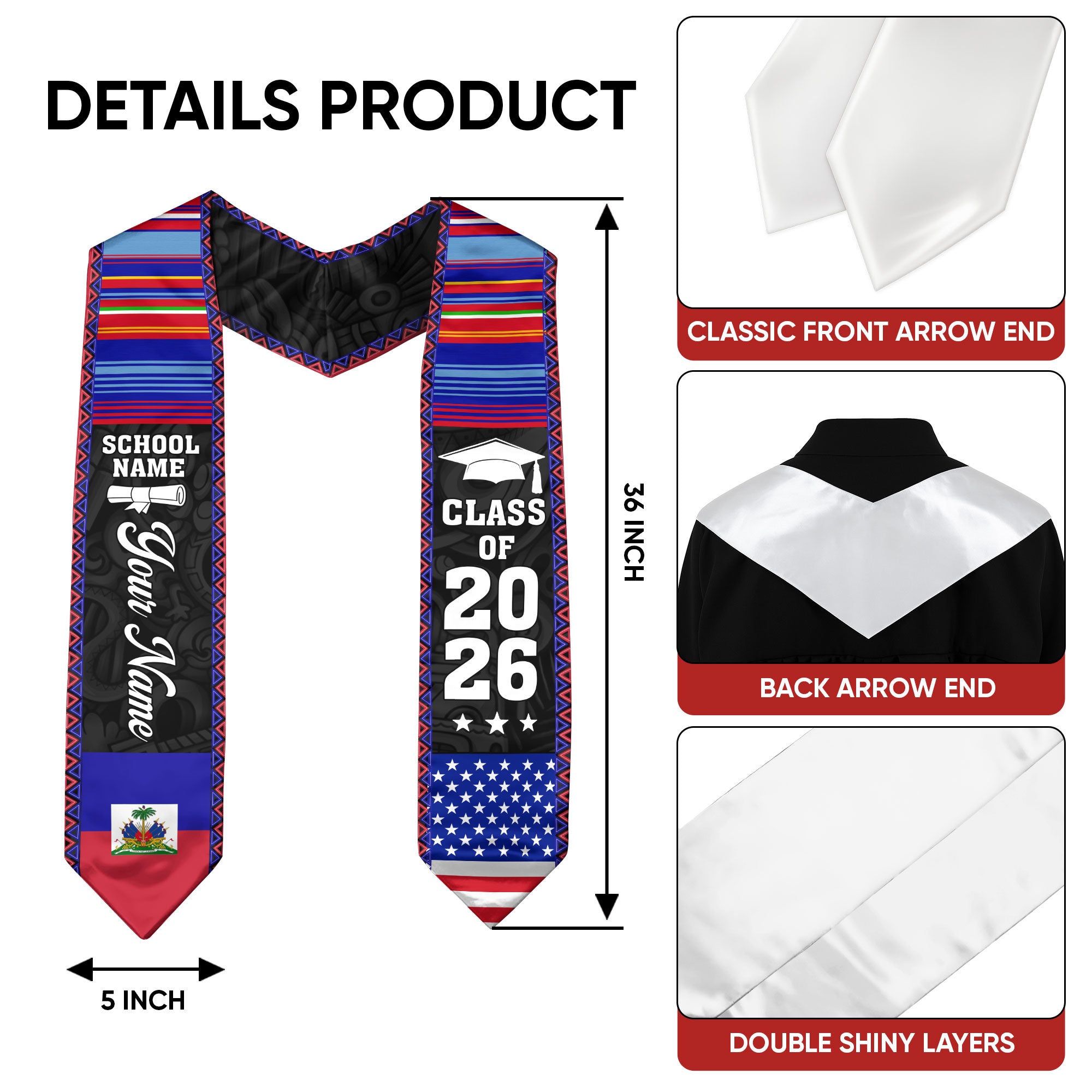 2026 Haiti Flag Graduation Sash, Haiti Stole, Add Custom Detail
