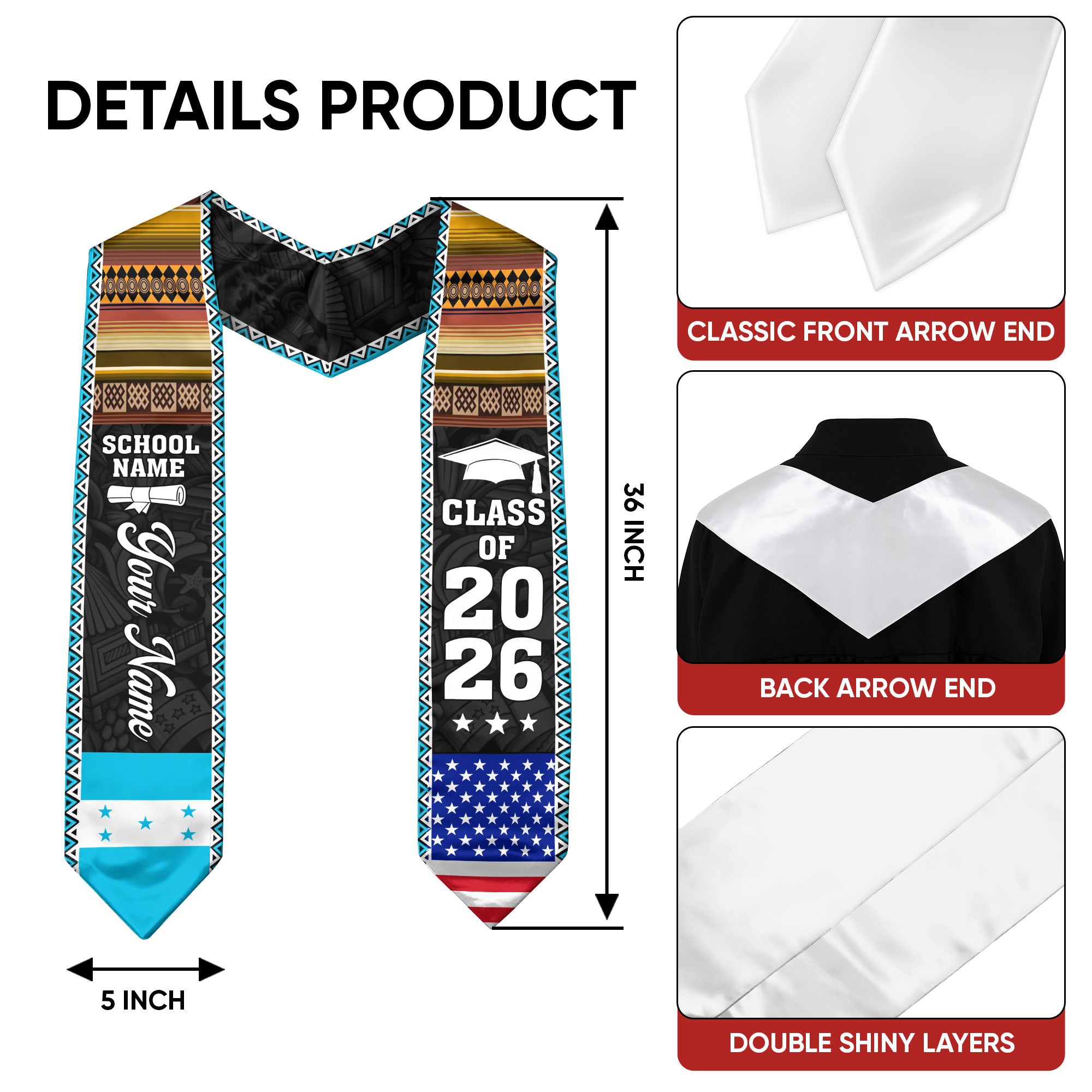 2026 Honduras Flag Graduation Sash, Honduras Stole, Add Personal Detail