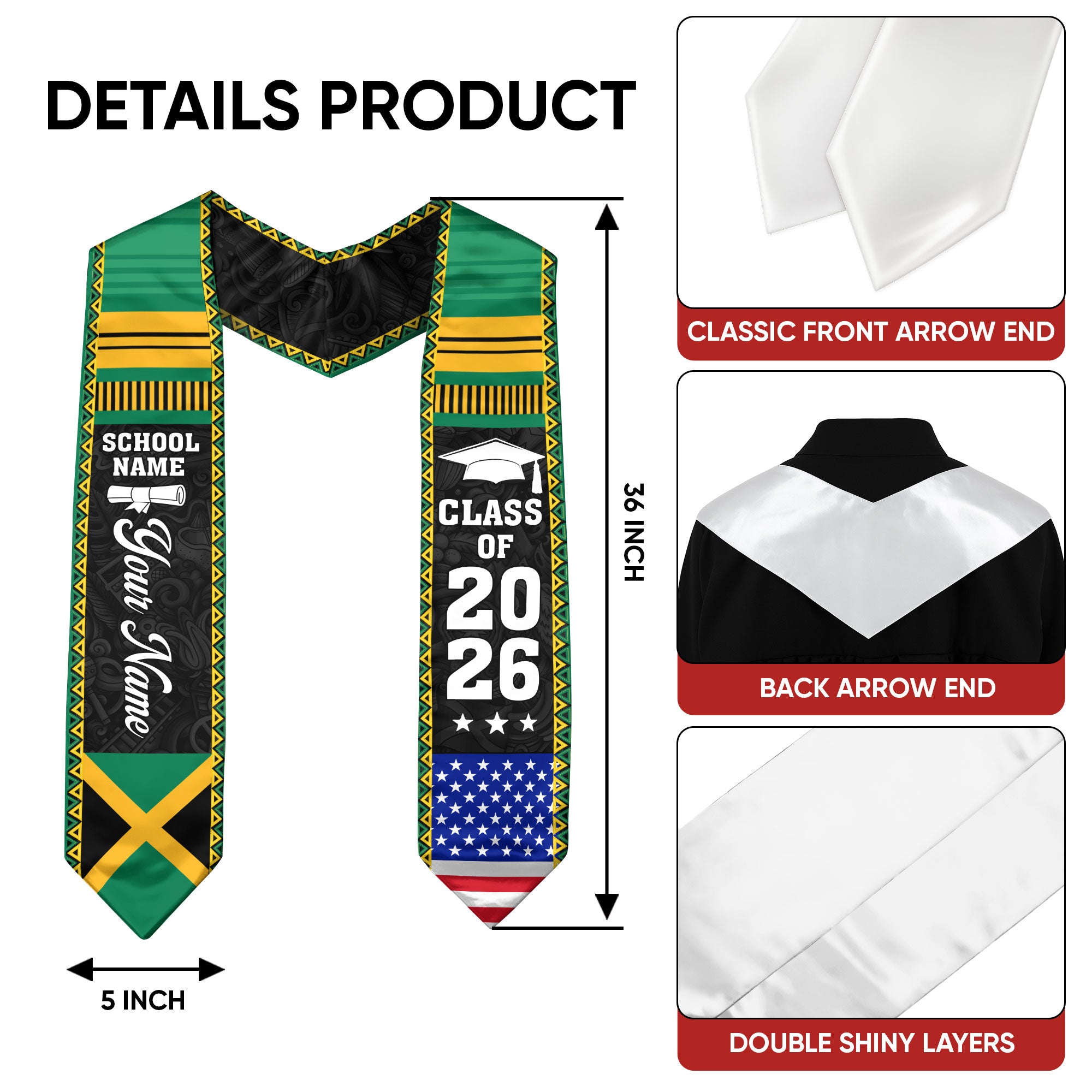 2026 Jamaica Flag Graduation Sash, Jamaica Stole, Personalization Option