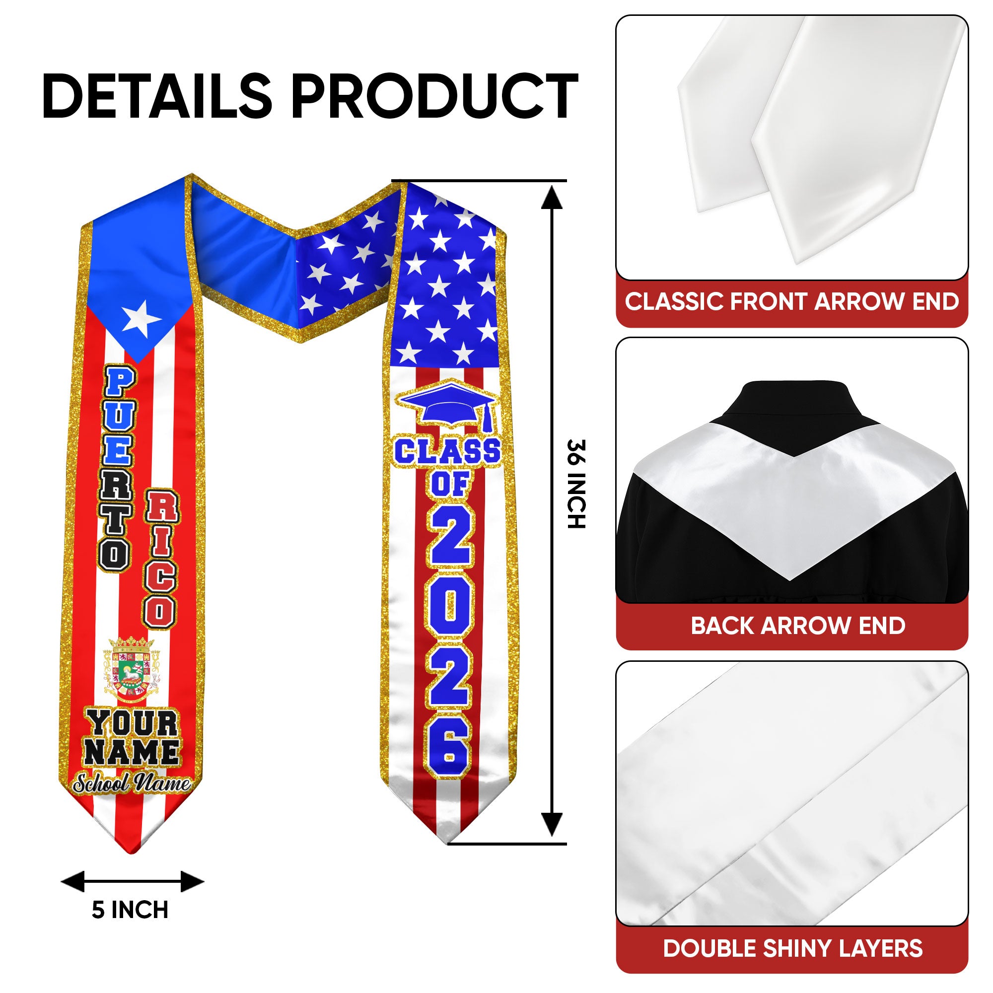 Puerto Rico Flag Graduation Sash 2026, Personalized Stole, Customizable Detail