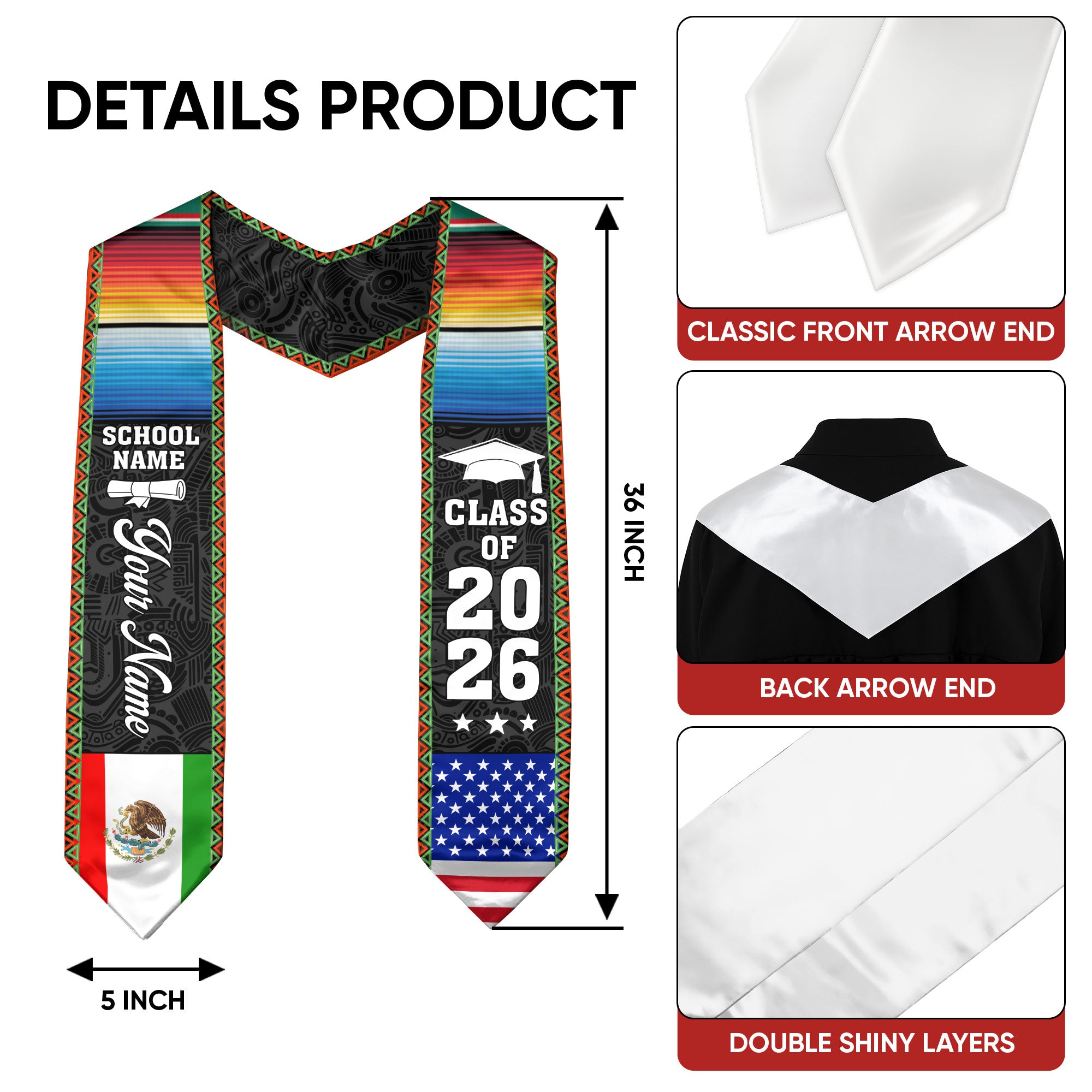 Mexican Flag Stole 2026, Mexico Graduation Sash, Optional Personalized Detail for Pictures