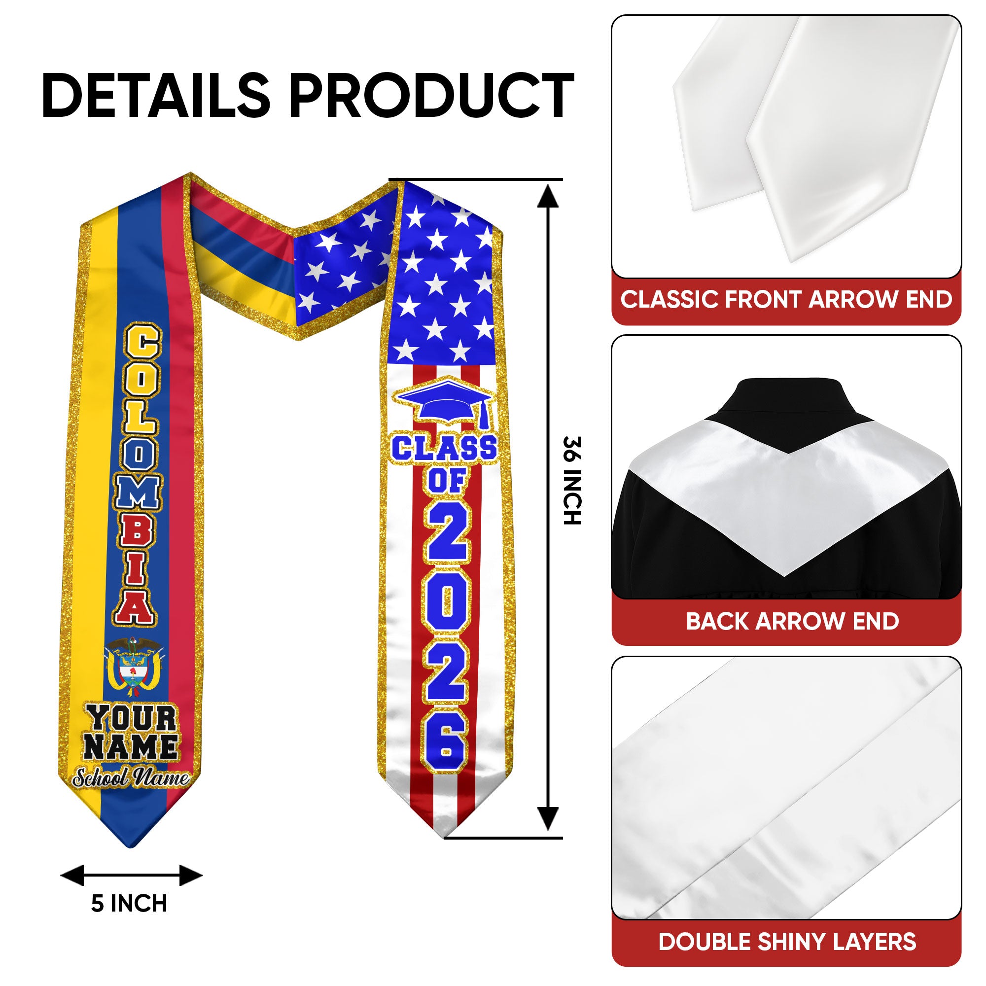 Customized Graduation Stole Colombia, Colombia Flag Graduation Sash, Custom Stole for Graduation 2026
