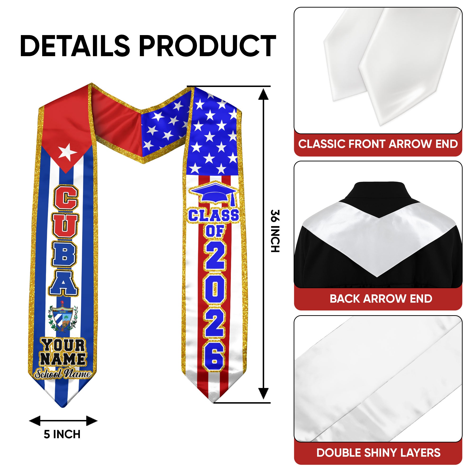 Cuba Flag Graduation Stole 2026, Cuban Sash, Add Personal Detail