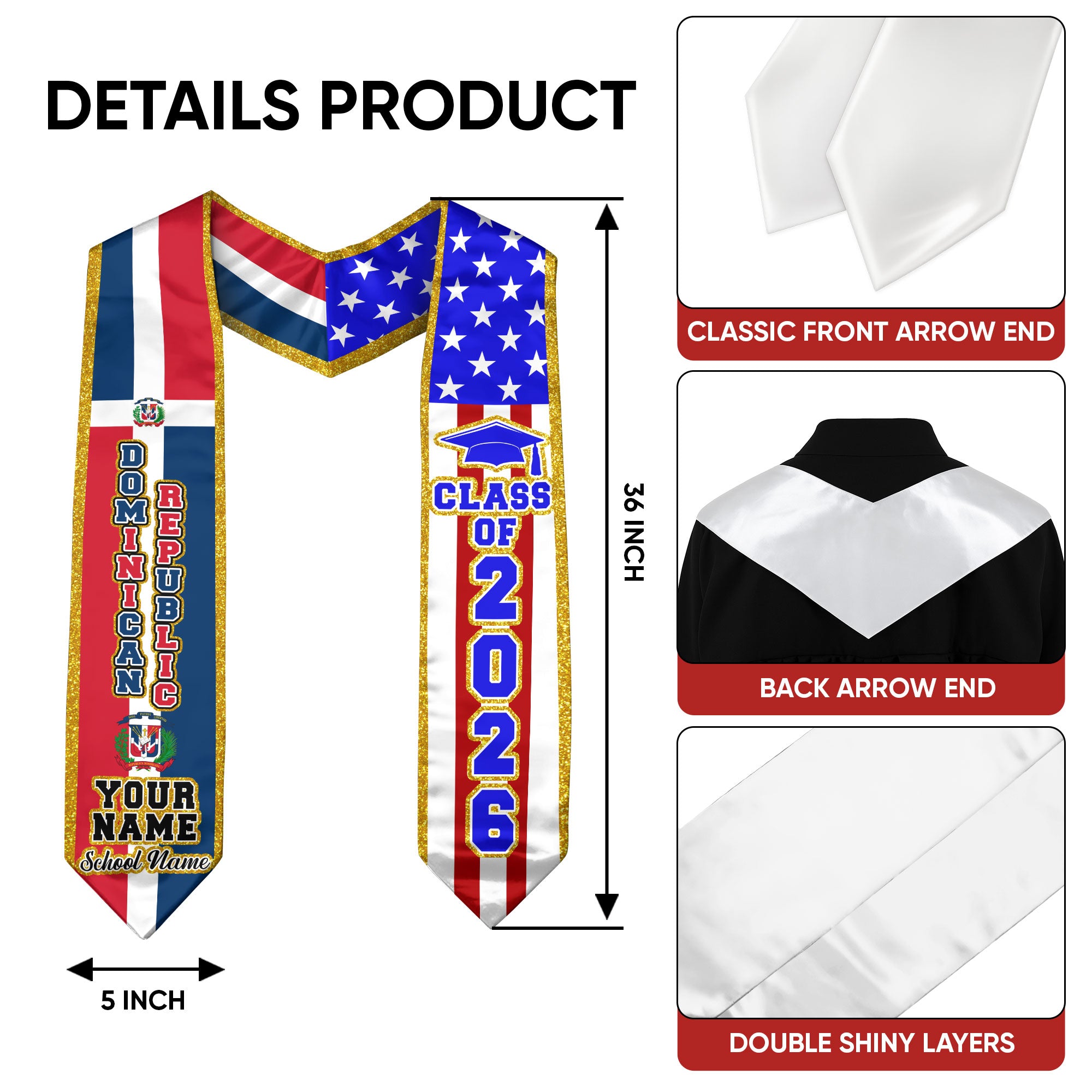 Dominican Flag Graduation Sash 2026, Dominican Stole, Personalized Detail