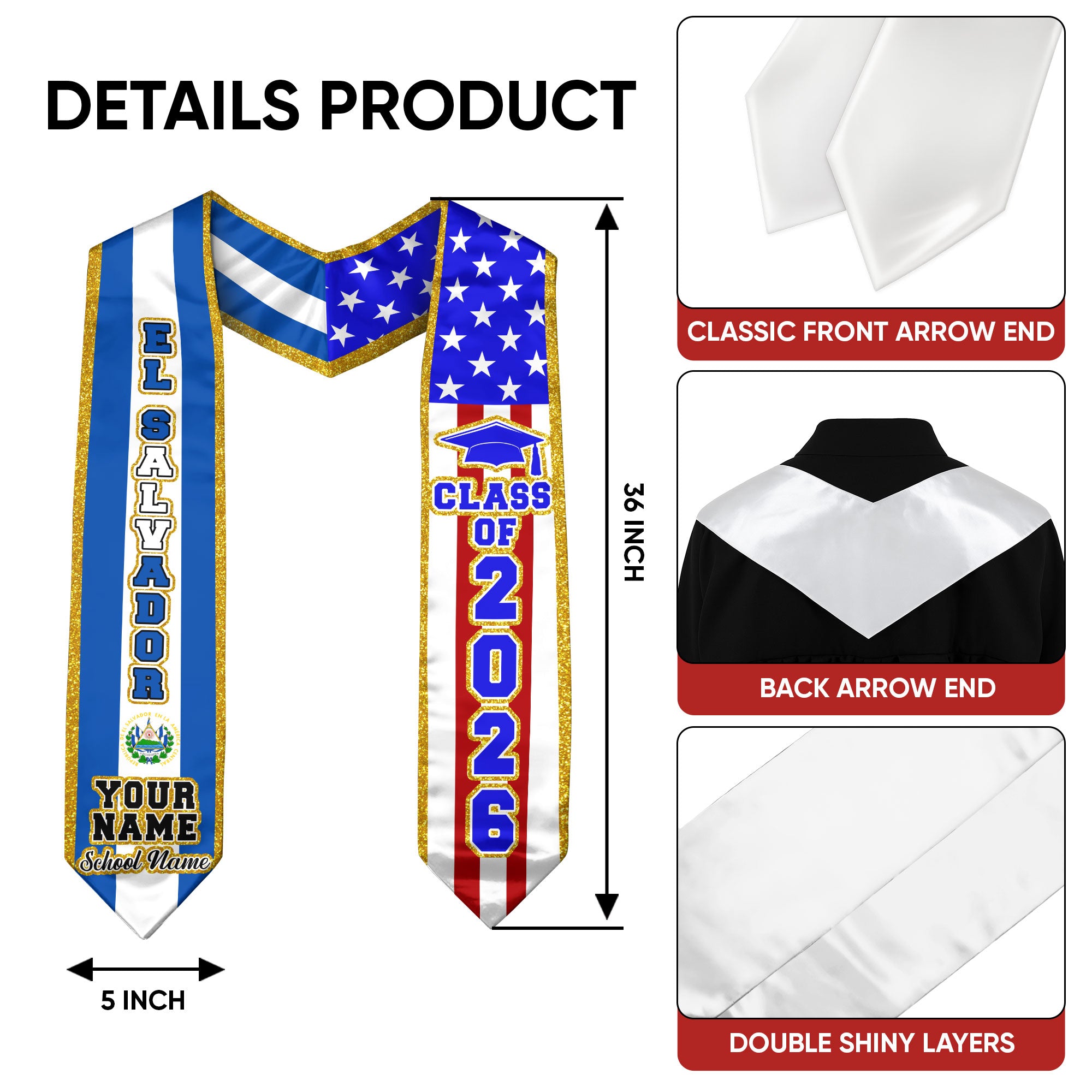 El Salvador Flag Graduation Sash 2026, Personalized Stole, Custom Detail