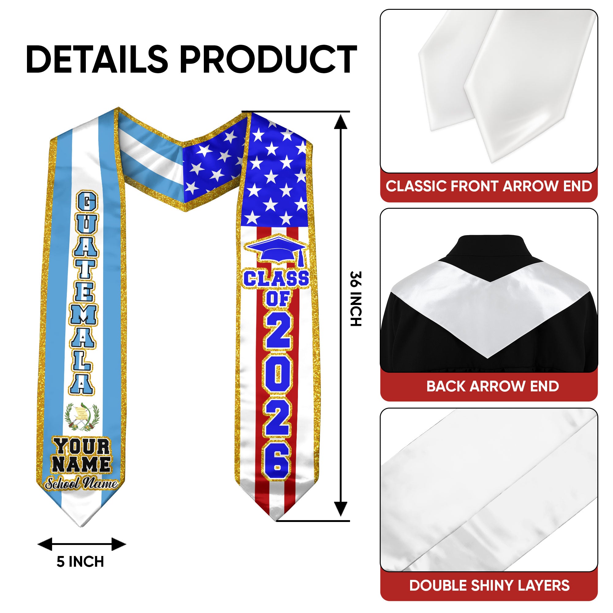 Customized Guatemala Graduation Stole, Bandera De Guatemala Stole, Custom Graduation Sash 2026, Class Of 2026